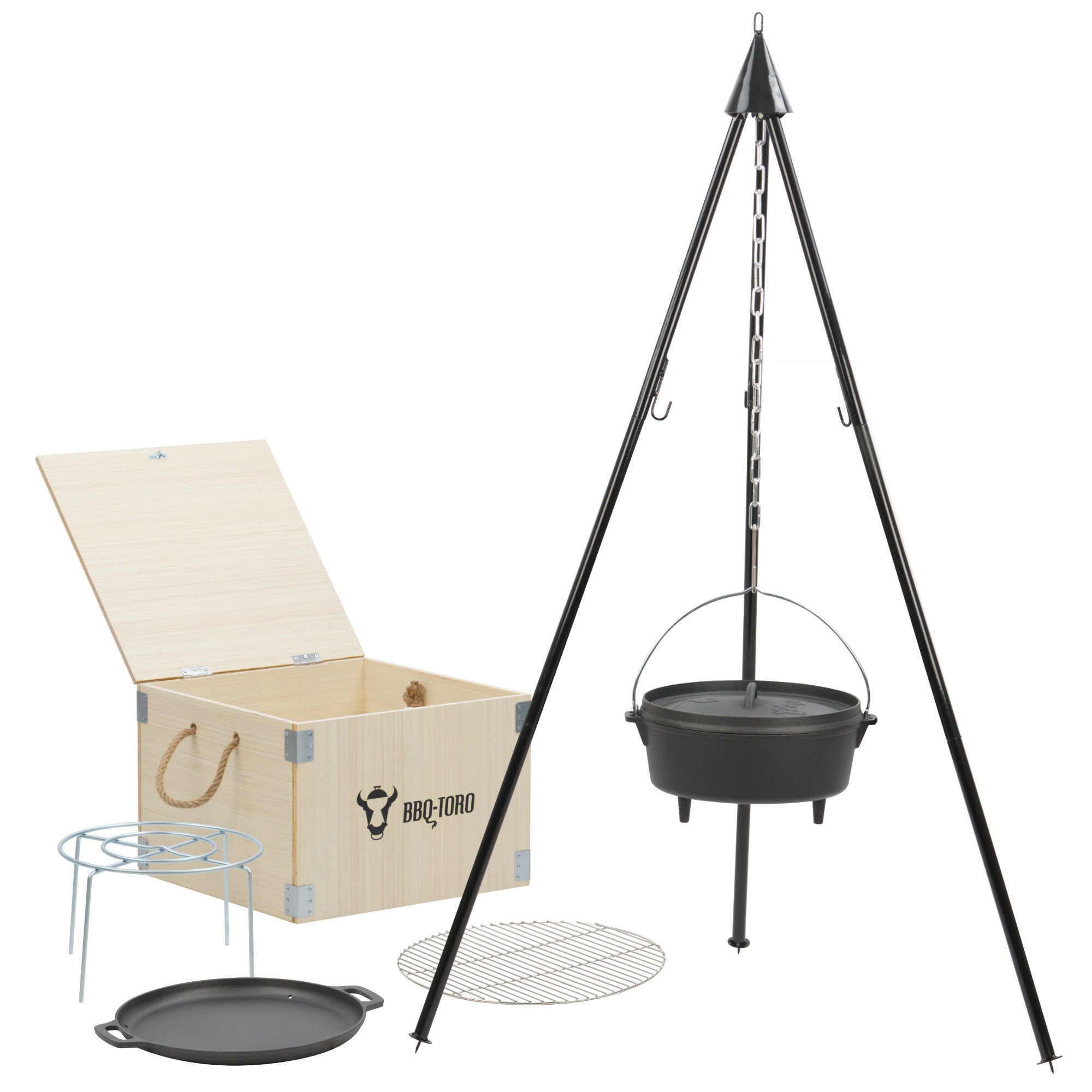 Dutch Oven, Set 6-teilig, Gusseisen, inkl. Holzkiste – BBQ-Toro