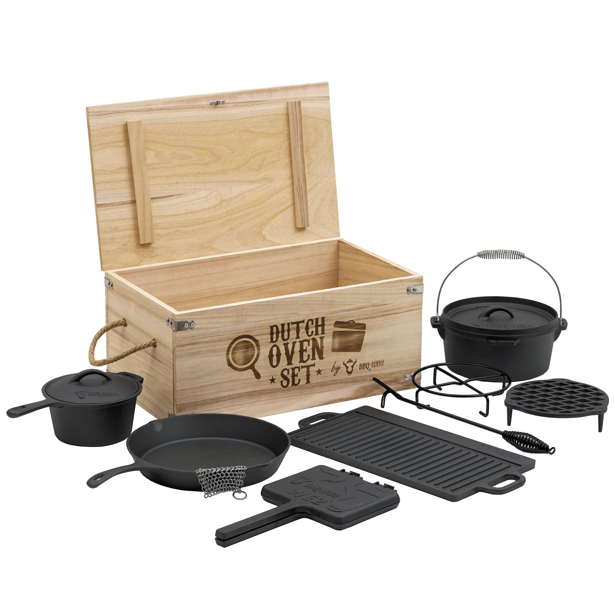 Dutch Oven, Set 10-teilig, Gusseisen, inkl. Holzkiste – BBQ-Toro