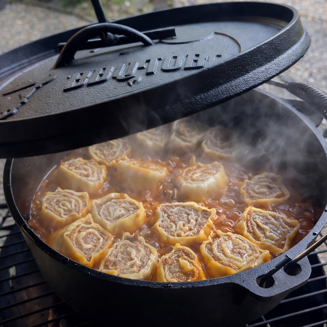 Wildhackfleisch-Nudelröllchen im Dutch Oven