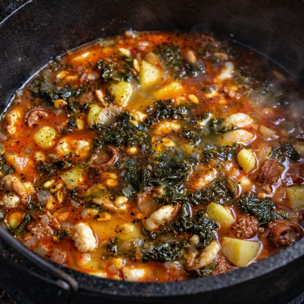 Dutch Oven Grünkohl mit Chorizo und Garnelen