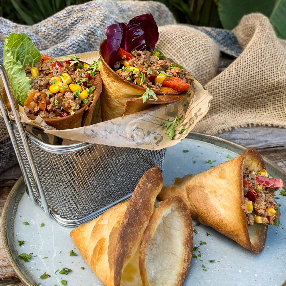Knusprige Wrap-Trichter mit Hackfleischfüllung