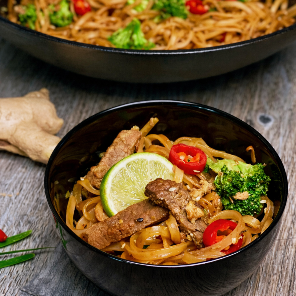 Thai-Reisnudelpfanne mit Rind & Brokkoli