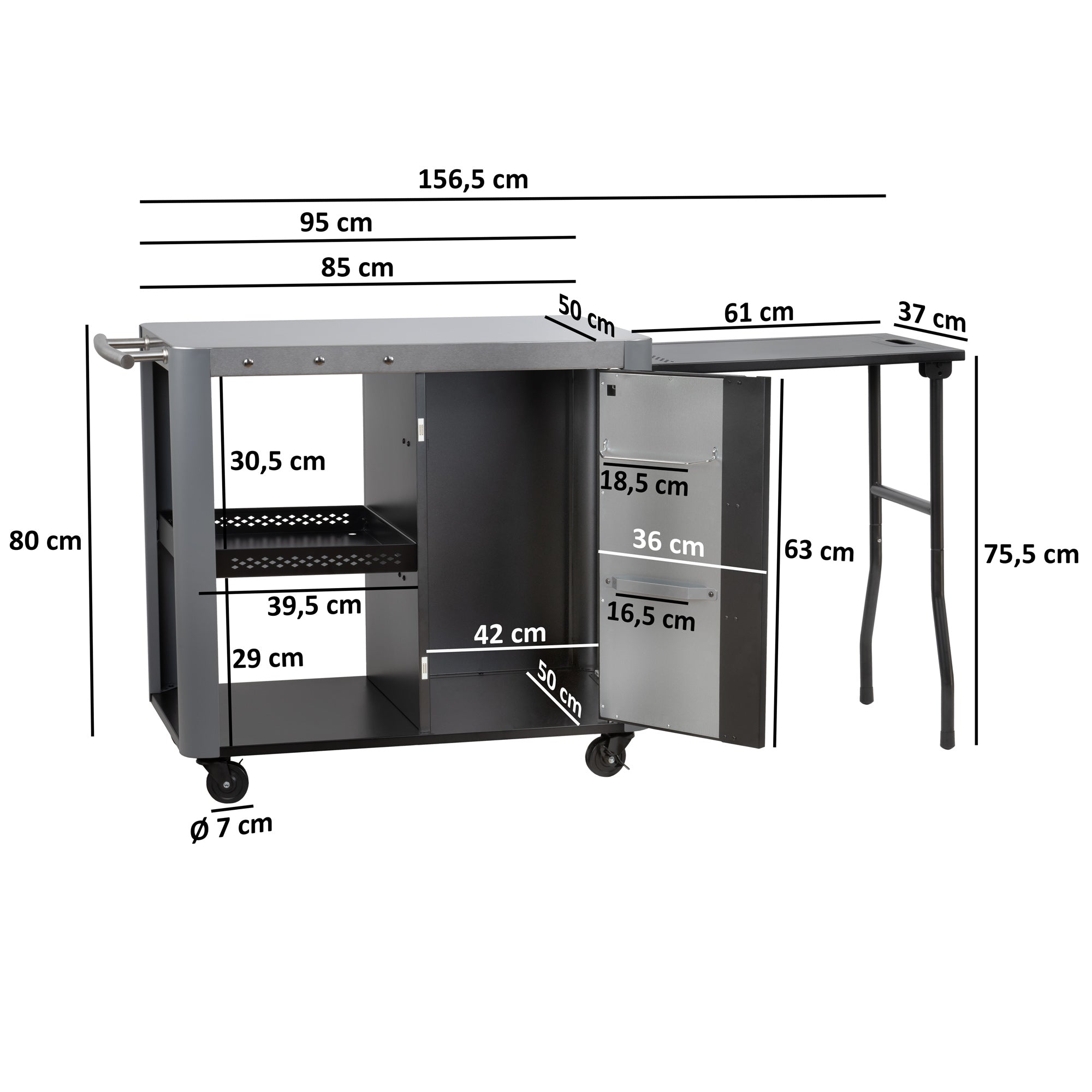 Chariot de barbecue, 95 x 50 x 80 cm, comprenant une grande surface de travail