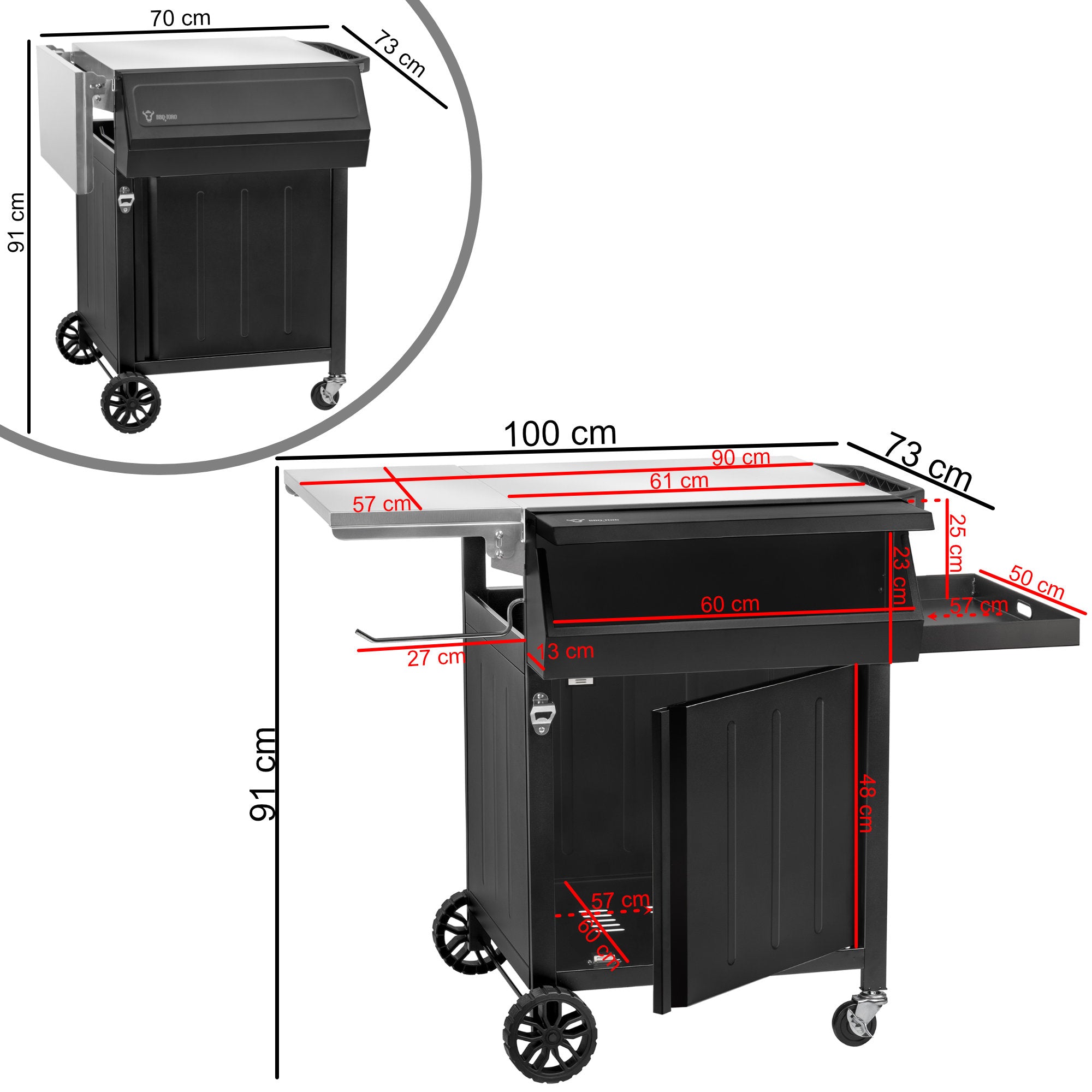 Chariot de barbecue, noir, 100 x 73 x 91 cm, comprenant une grande surface de travail