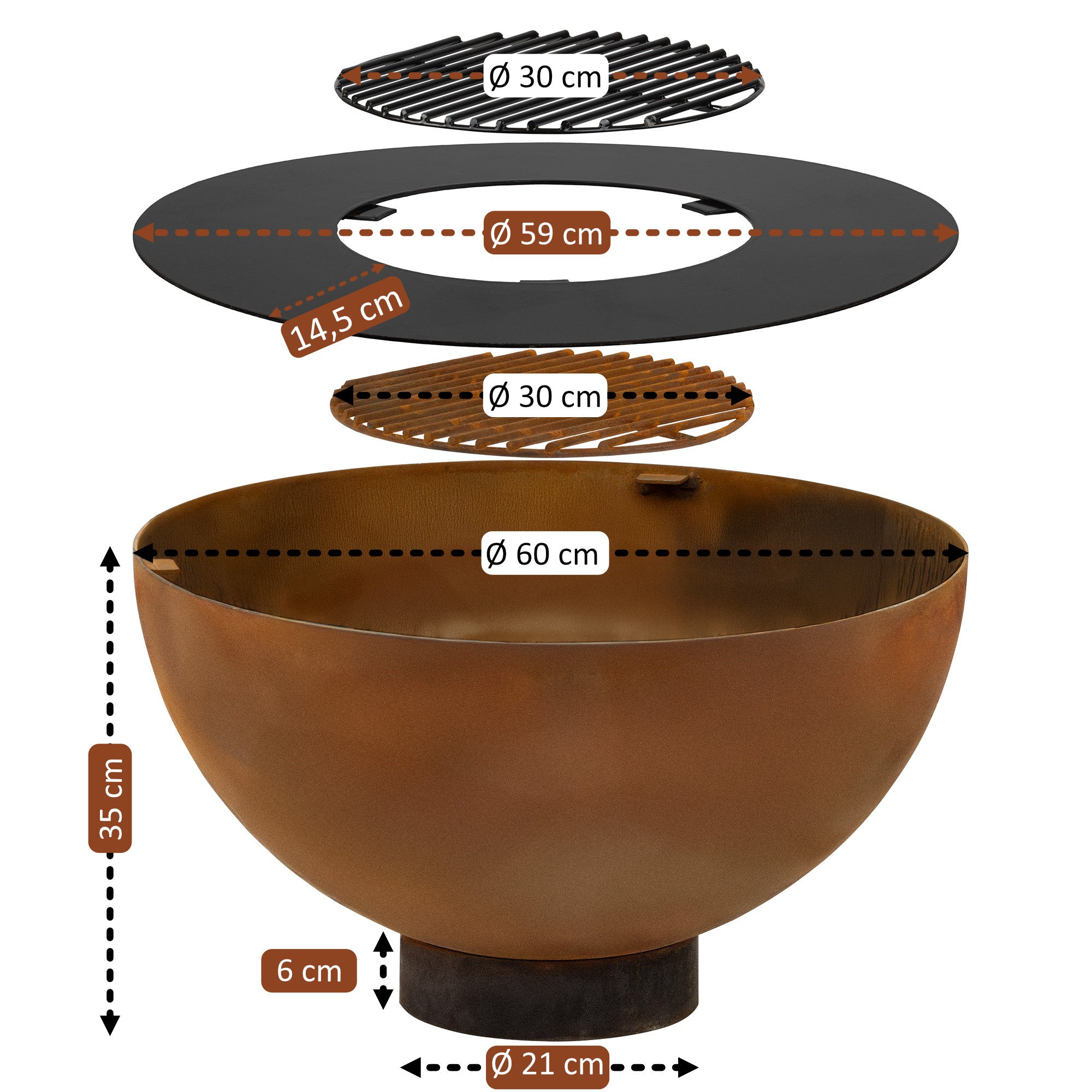Brasero avec grille, Ø 60 cm, aspect rouille