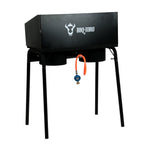 Table de barbecue à gaz, comprenant une plaque de cuisson en acier inoxydable et 2 brûleurs en fonte.