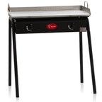 Table de barbecue à gaz, comprenant une plaque de cuisson en acier inoxydable et 2 brûleurs en fonte.