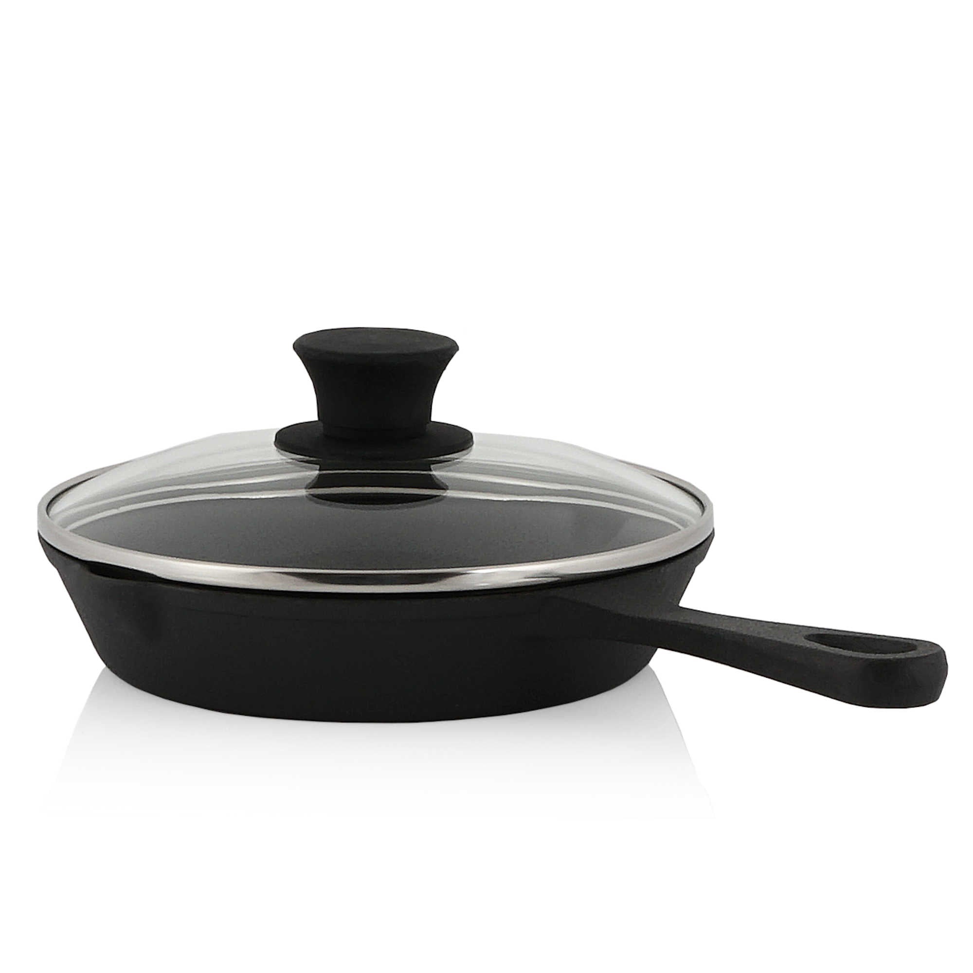 Gusseisenpfanne, Gusseisen, pre-seasoned, zwei Ausgießer, inkl. Glasdeckel