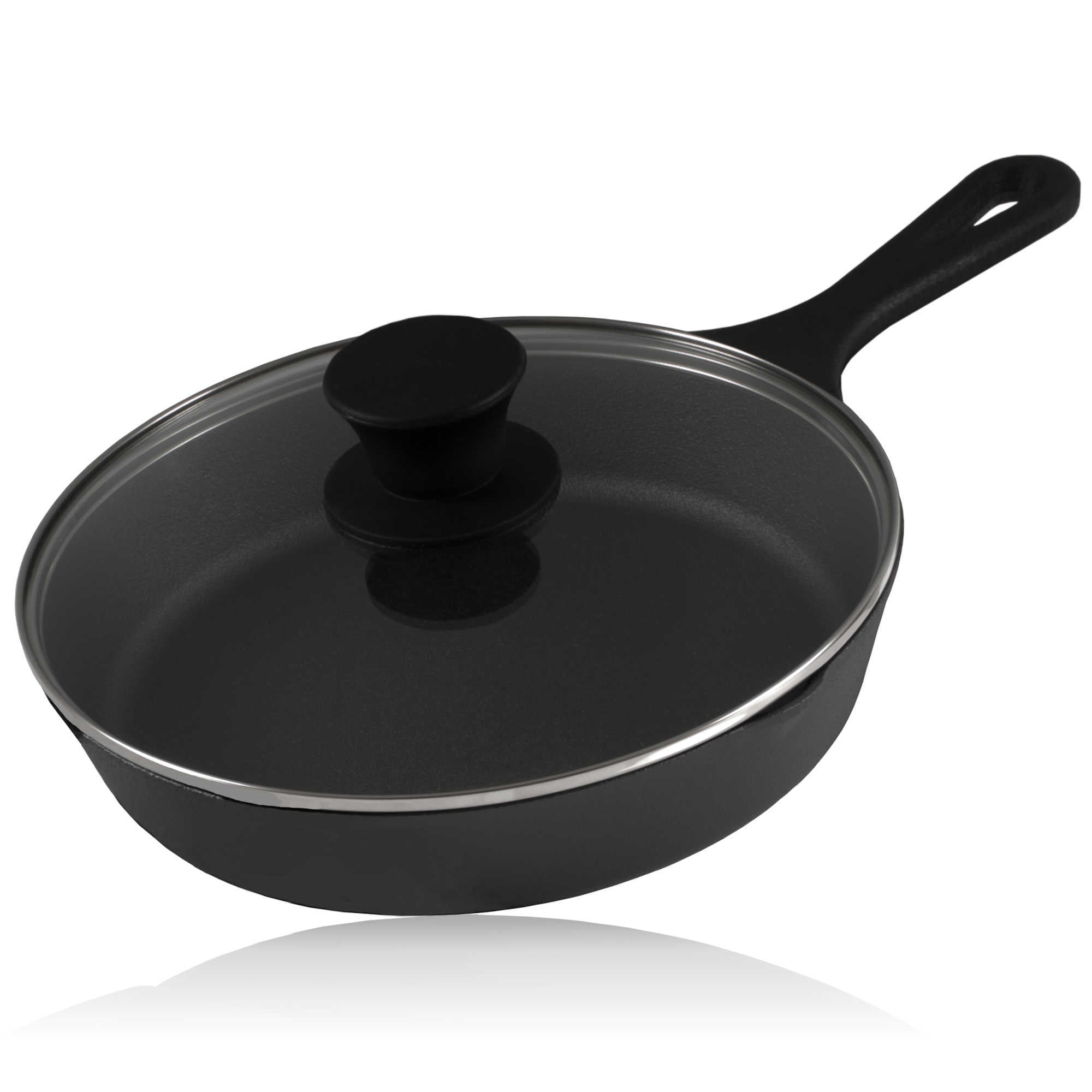 Gusseisenpfanne, Gusseisen, pre-seasoned, zwei Ausgießer, inkl. Glasdeckel