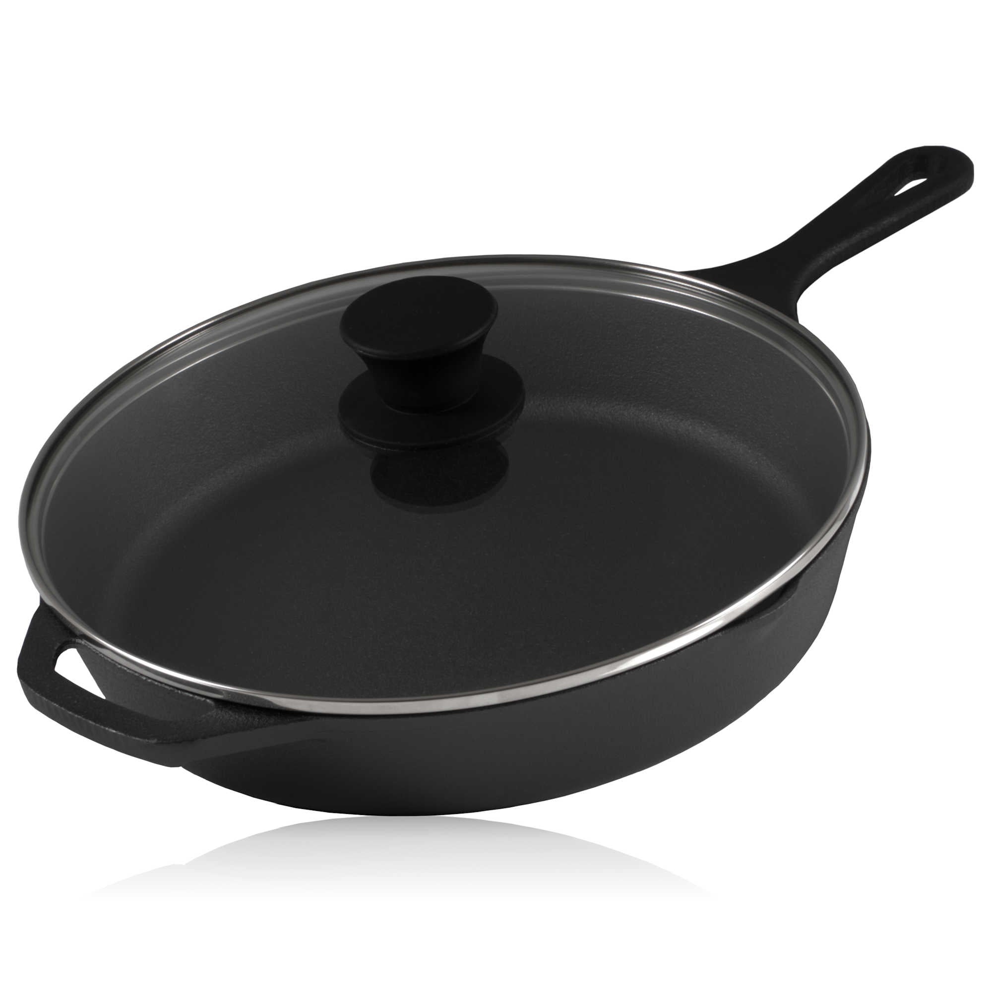 Gusseisenpfanne, Gusseisen, pre-seasoned, zwei Ausgießer, inkl. Glasdeckel