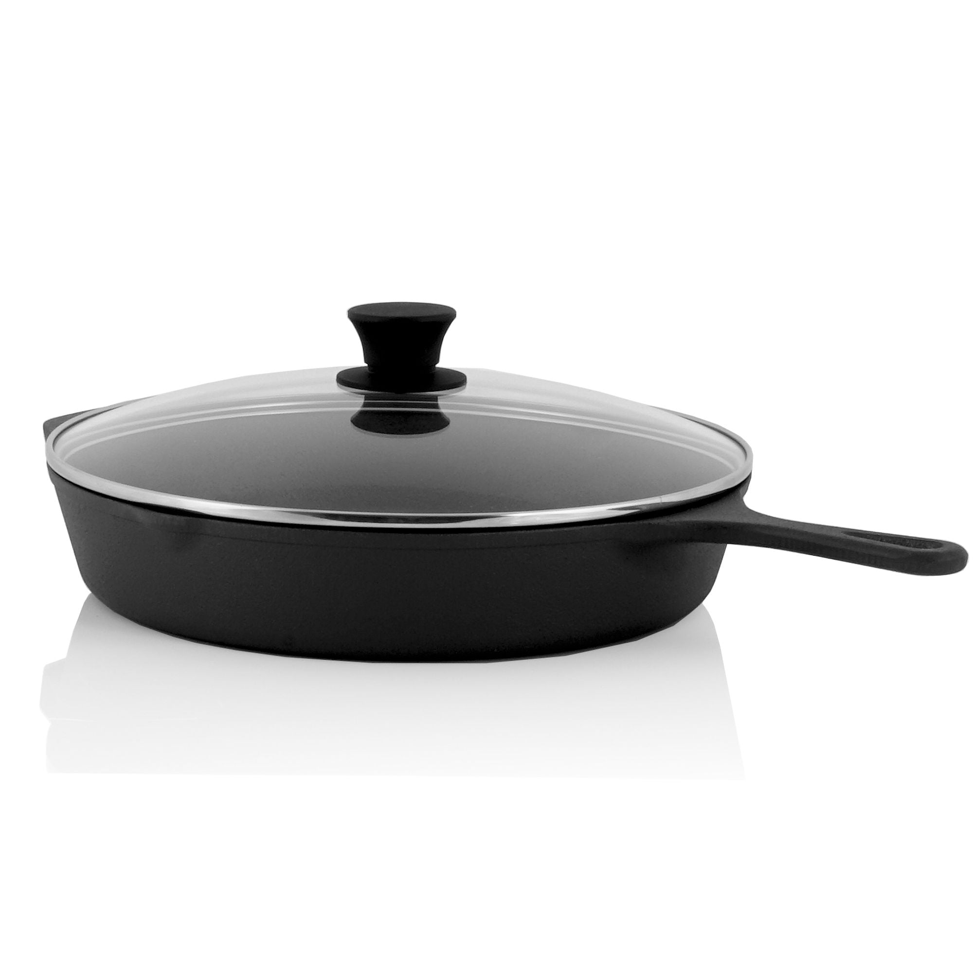 Gusseisenpfanne, Gusseisen, pre-seasoned, zwei Ausgießer, inkl. Glasdeckel