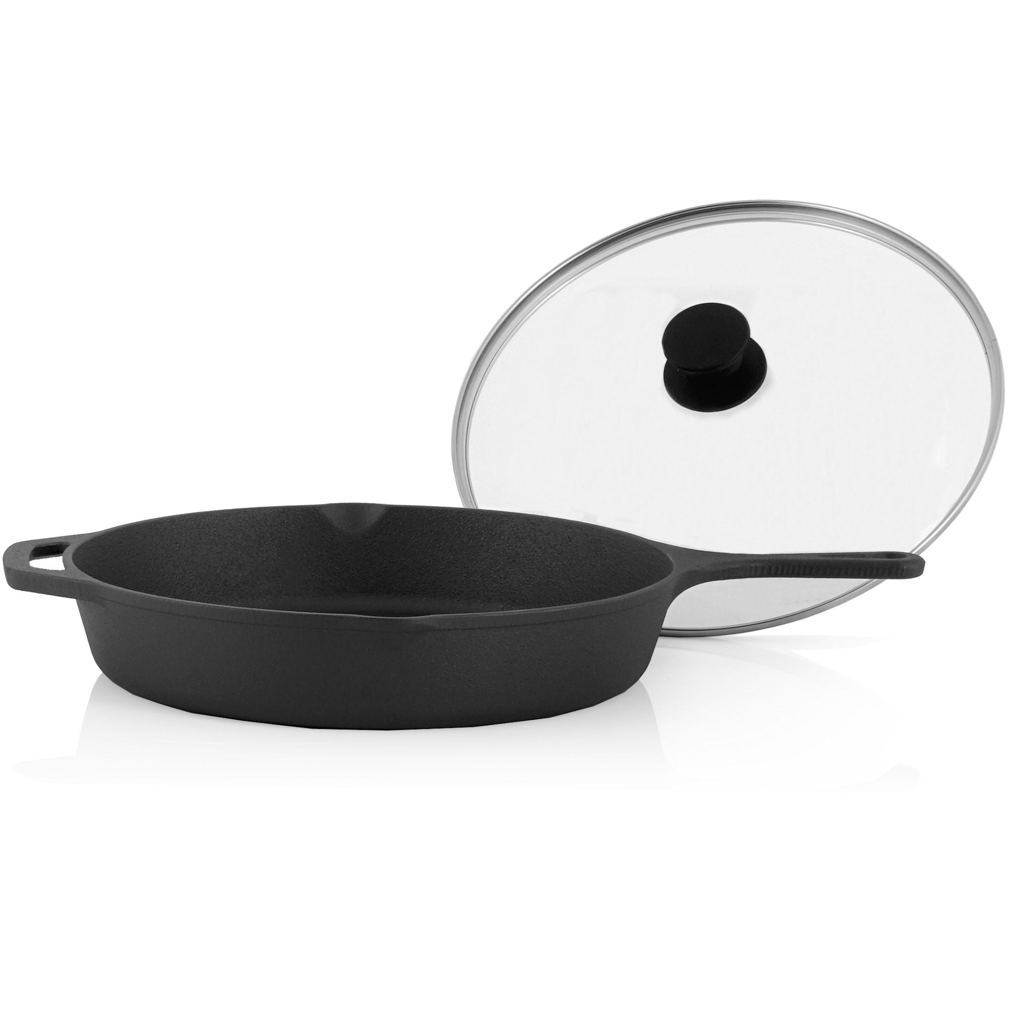 Gusseisenpfanne, Gusseisen, pre-seasoned, zwei Ausgießer, inkl. Glasdeckel