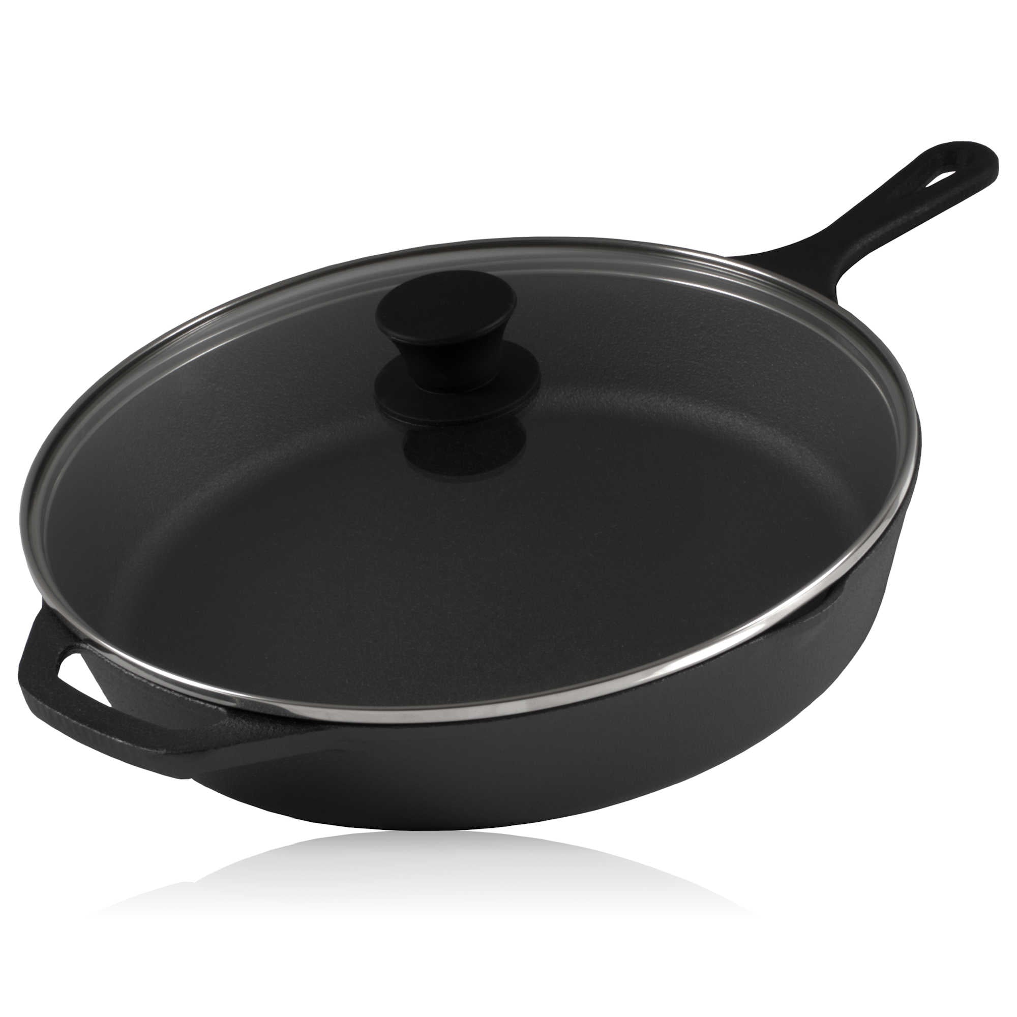 Gusseisenpfanne, Gusseisen, pre-seasoned, zwei Ausgießer, inkl. Glasdeckel
