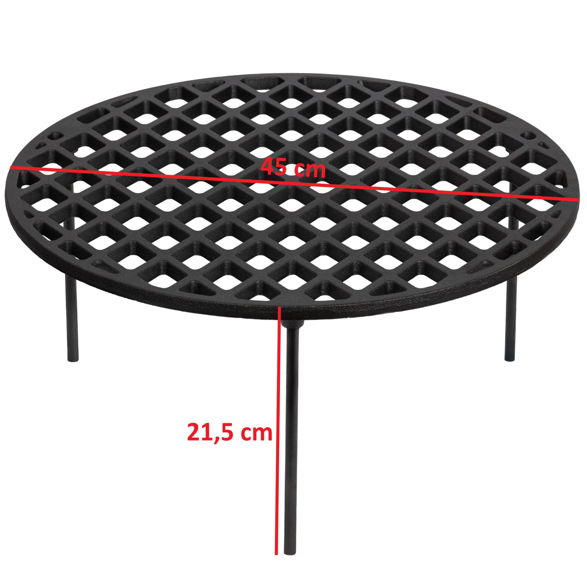Grillrost, Gusseisen, mit 3 Beinen, rund