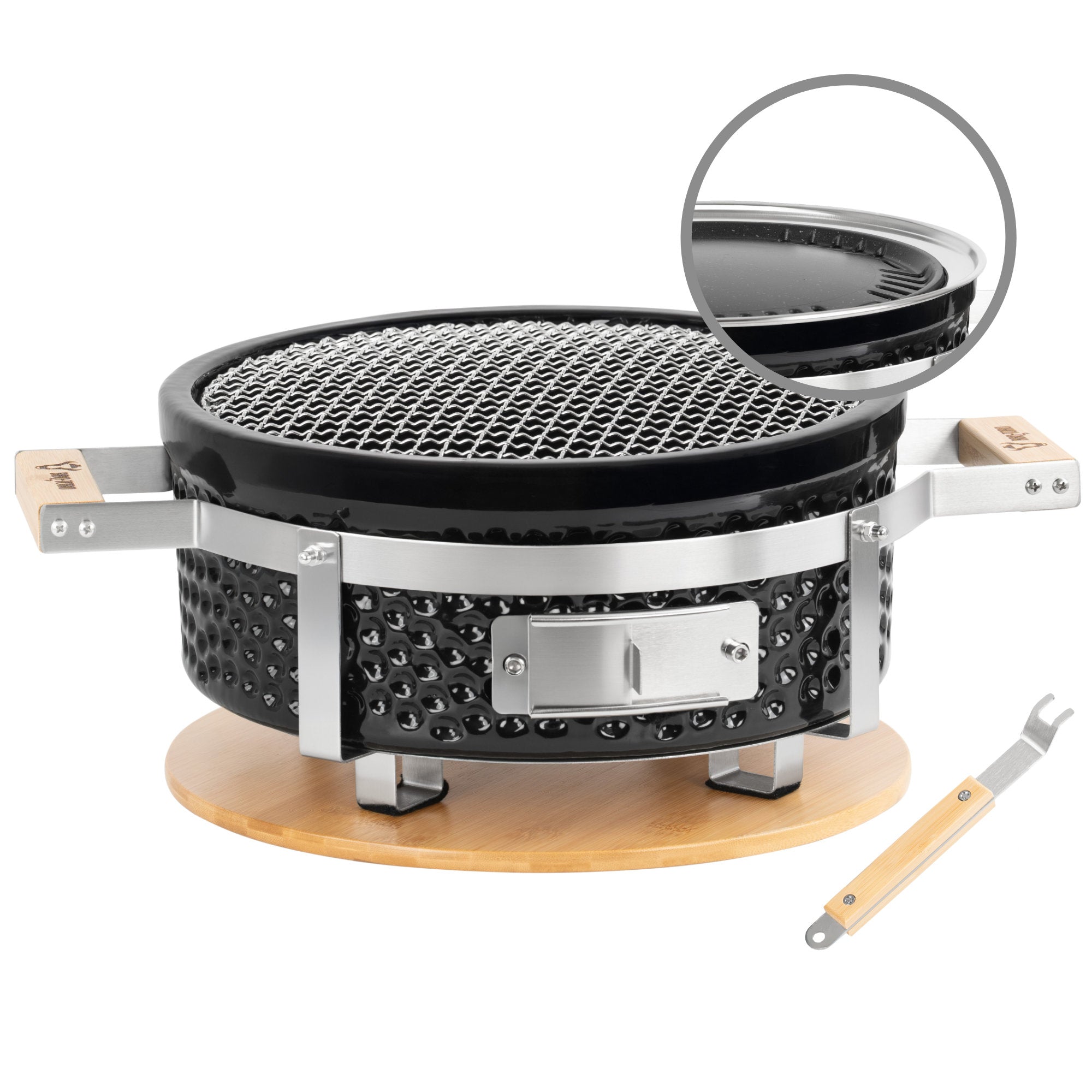 Holzkohletischgrill, Keramik, inkl. Holzunterlage