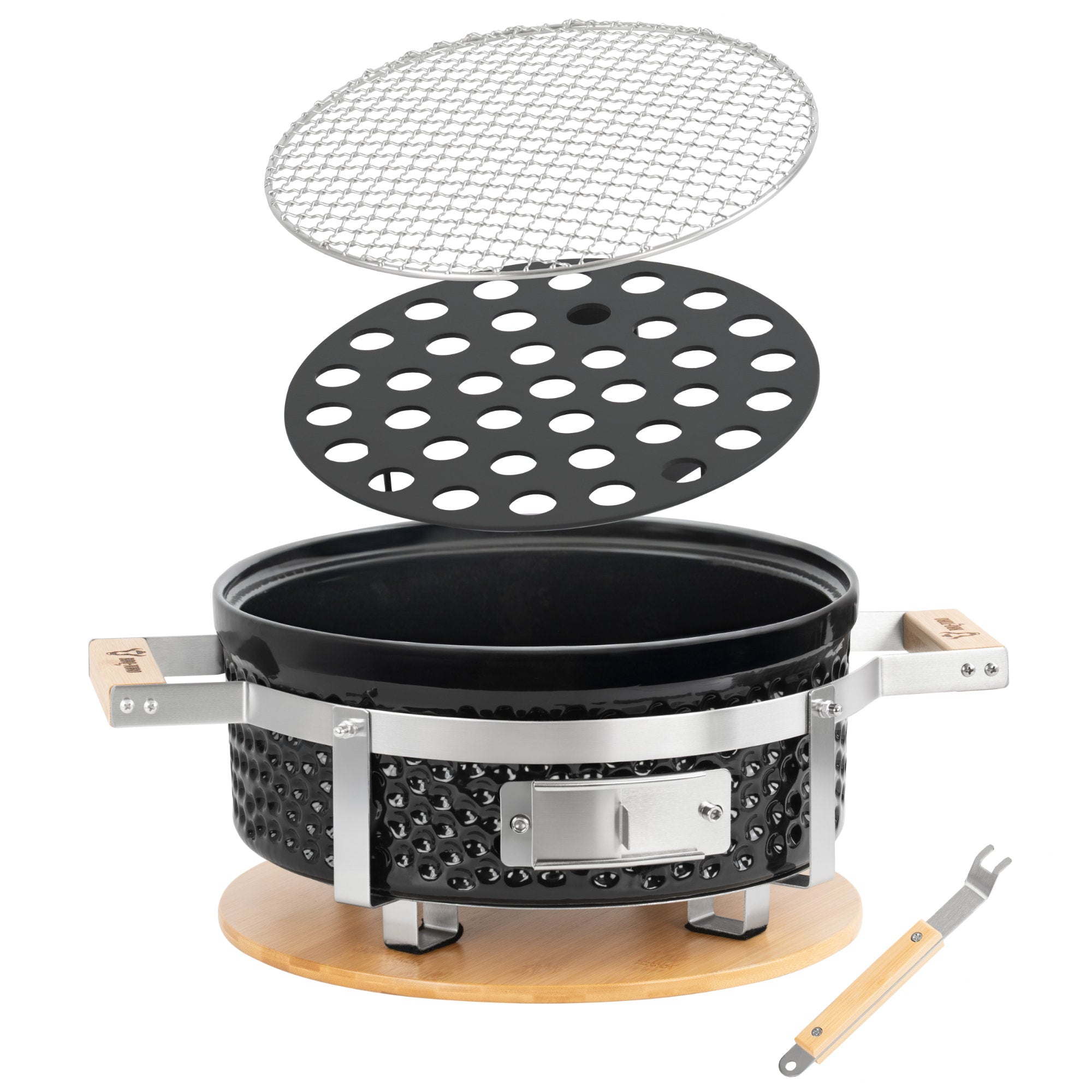 Holzkohletischgrill, Keramik, inkl. Holzunterlage