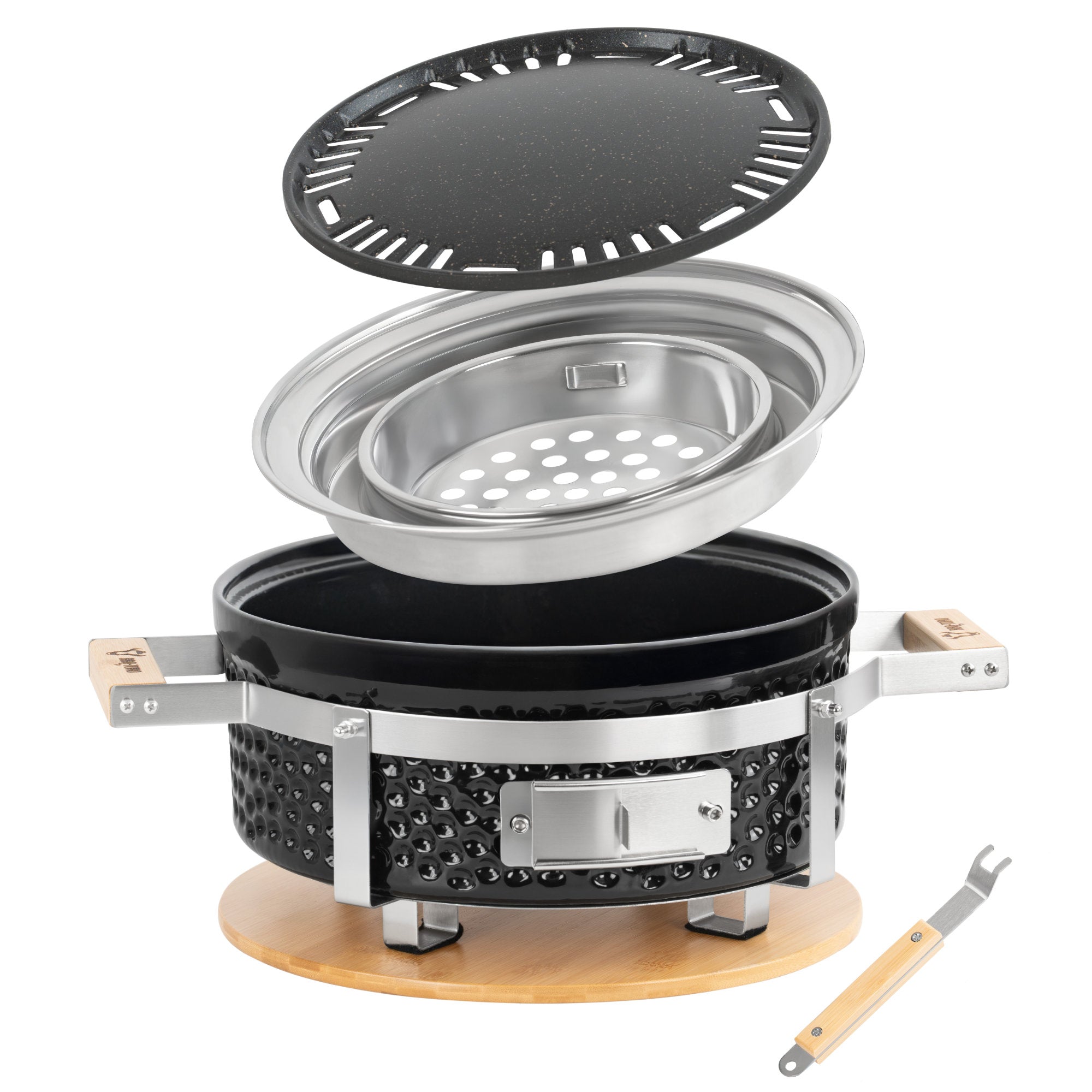 Holzkohletischgrill, Keramik, inkl. Holzunterlage