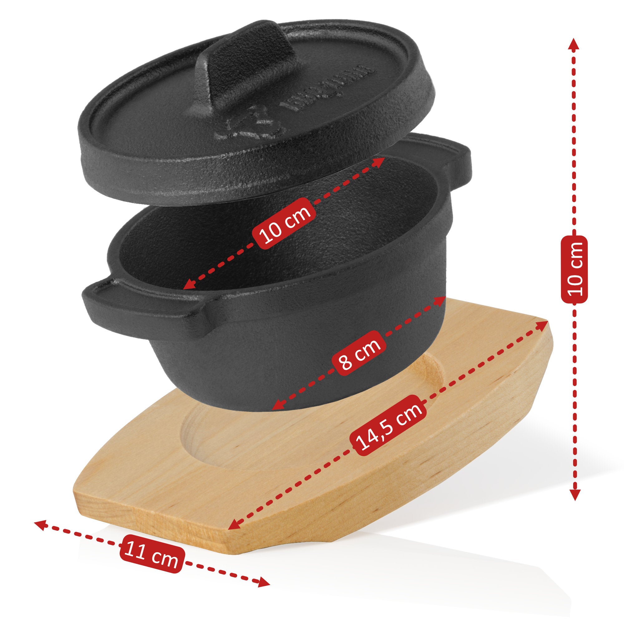 Mini cocotte en fonte, Ø 11 cm, avec socle en bois.