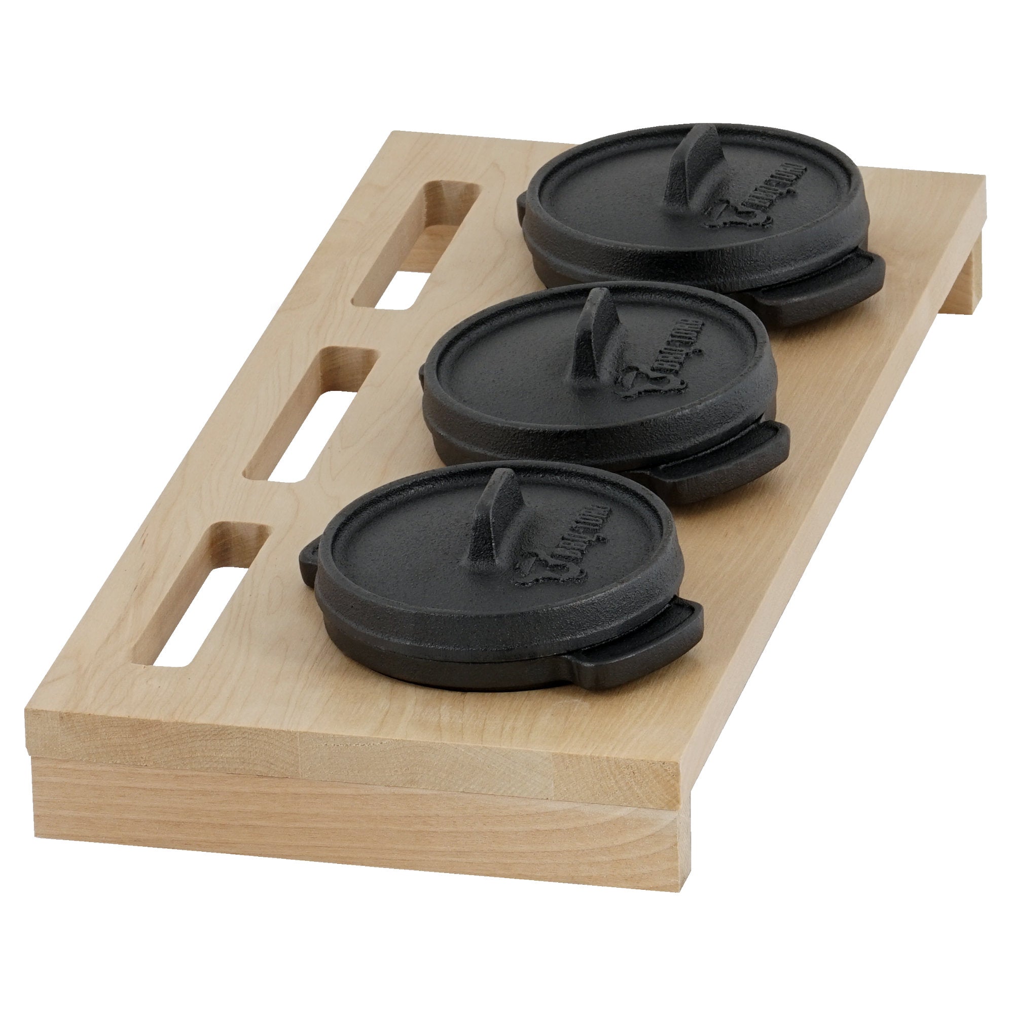 Cocotte en fonte, lot de 3, Ø 11 cm, avec socle en bois