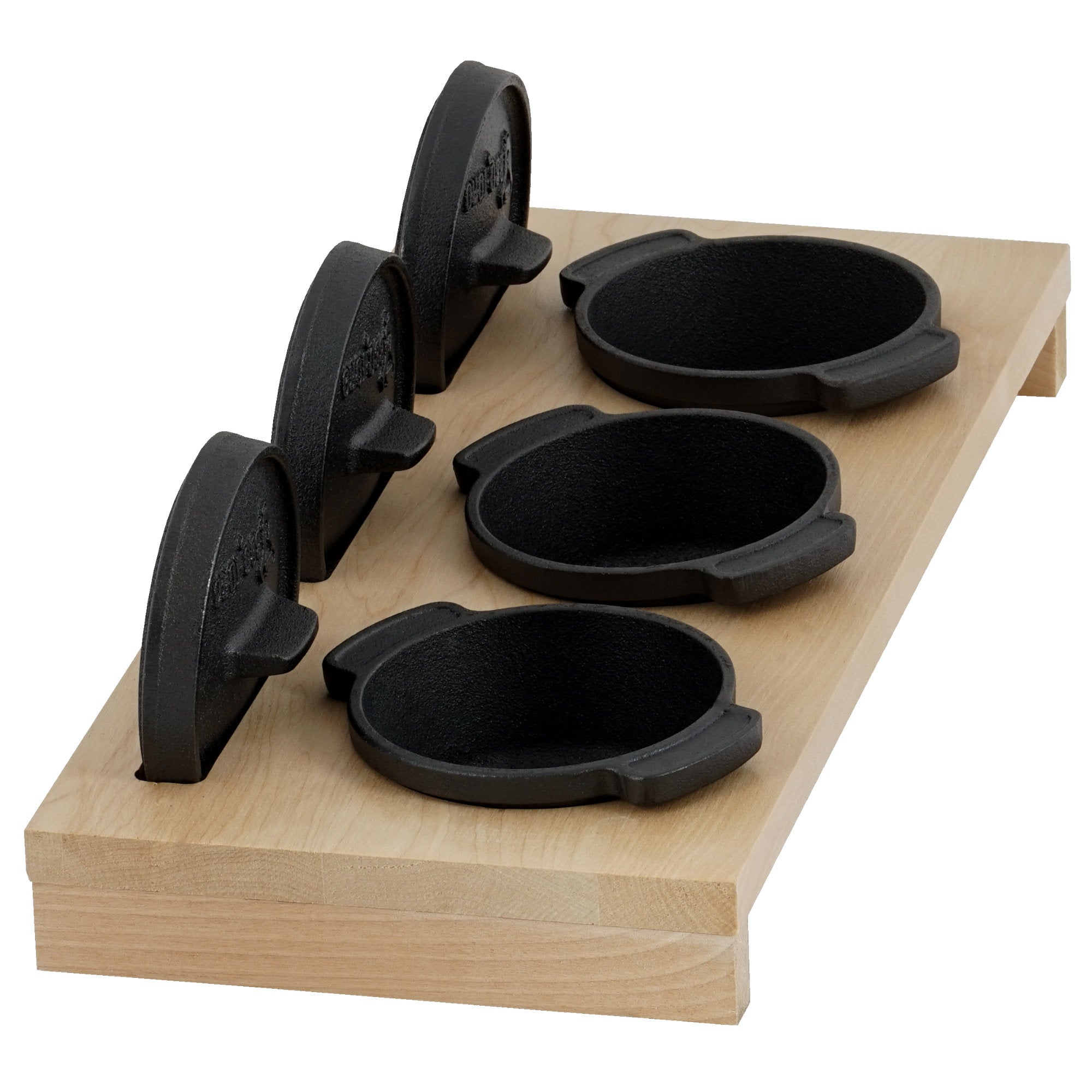 Cocotte en fonte, lot de 3, Ø 11 cm, avec socle en bois
