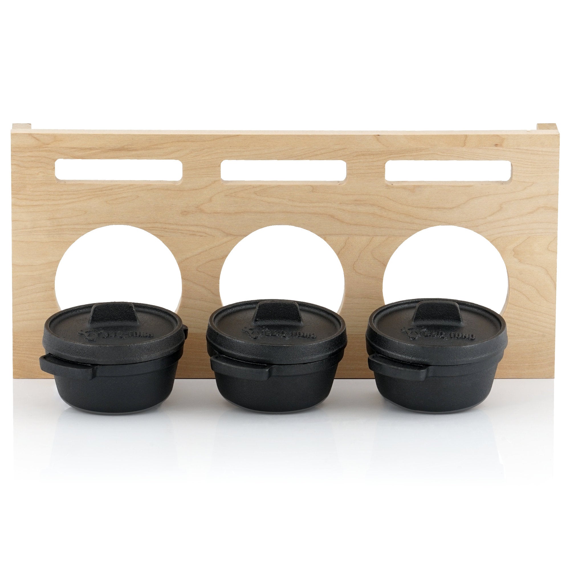Cocotte en fonte, lot de 3, Ø 11 cm, avec socle en bois