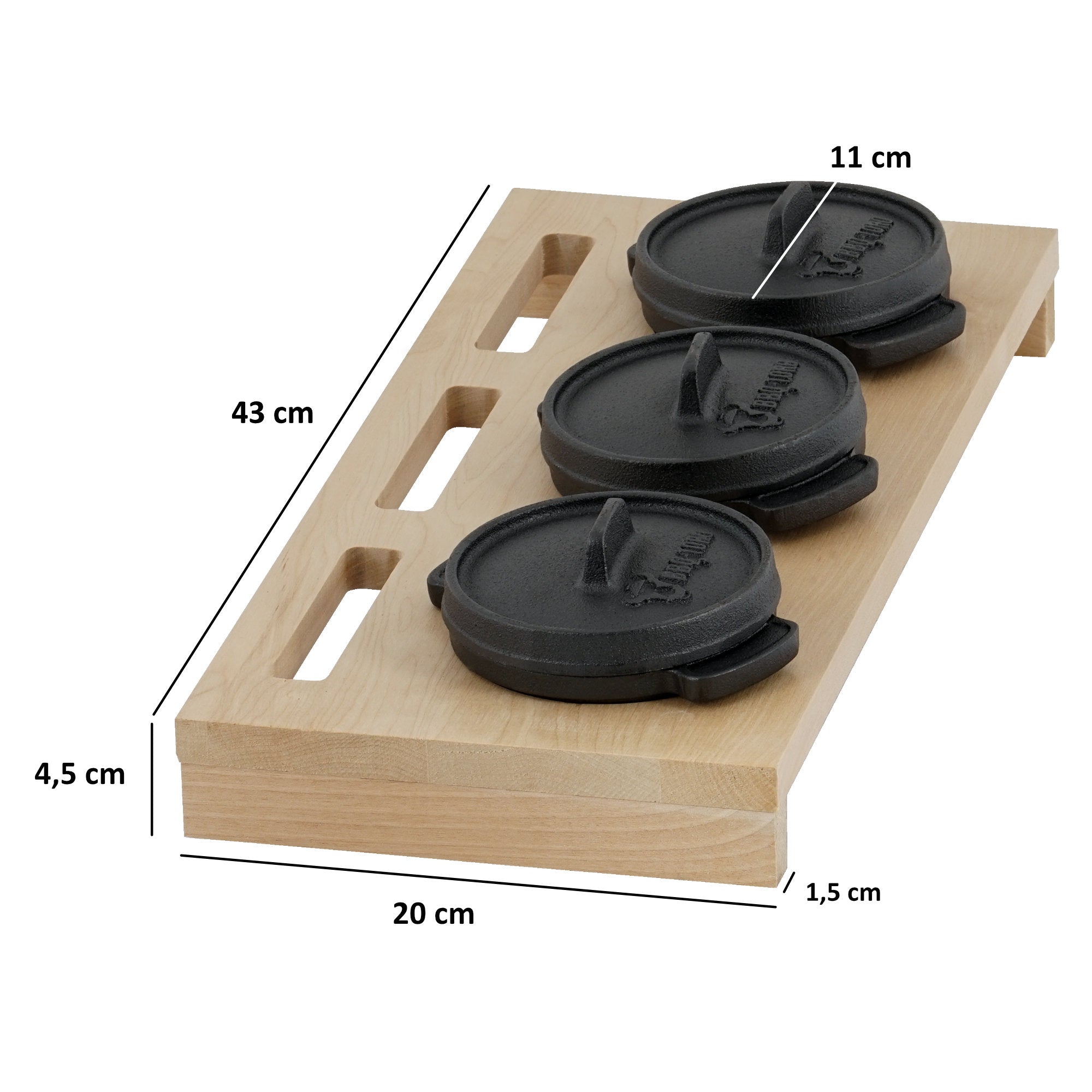 Cocotte en fonte, lot de 3, Ø 11 cm, avec socle en bois