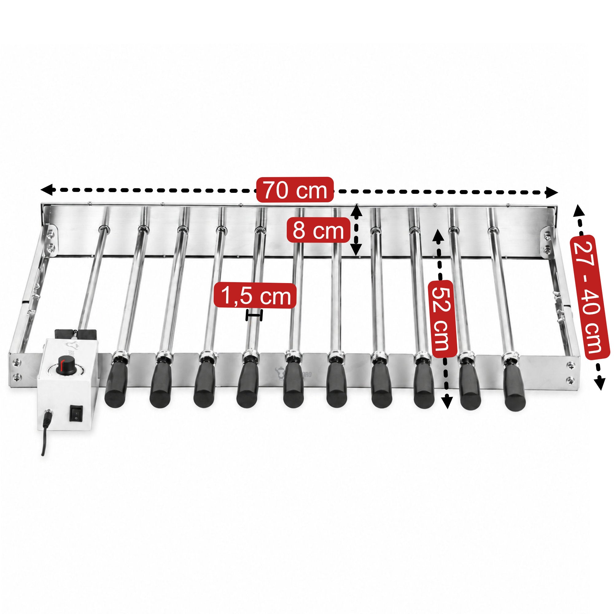 Grillaufsatz, 10 Spieße, 70 x 27-40 cm, Edelstahl, inkl. Motor links