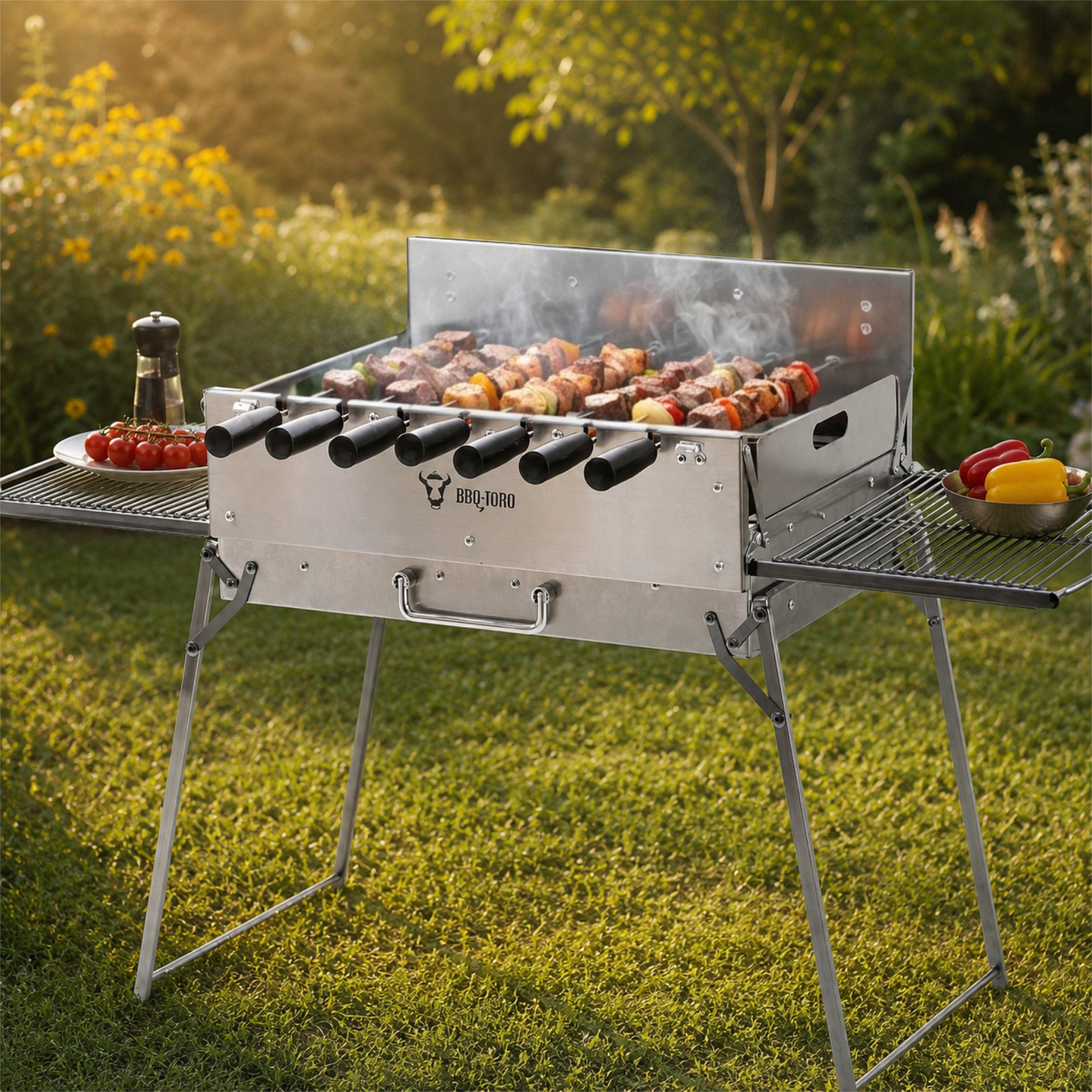 Klappgrill mit Spießaufsatz, 7 Spieße, Edelstahl, inkl. Tragetasche und Motor