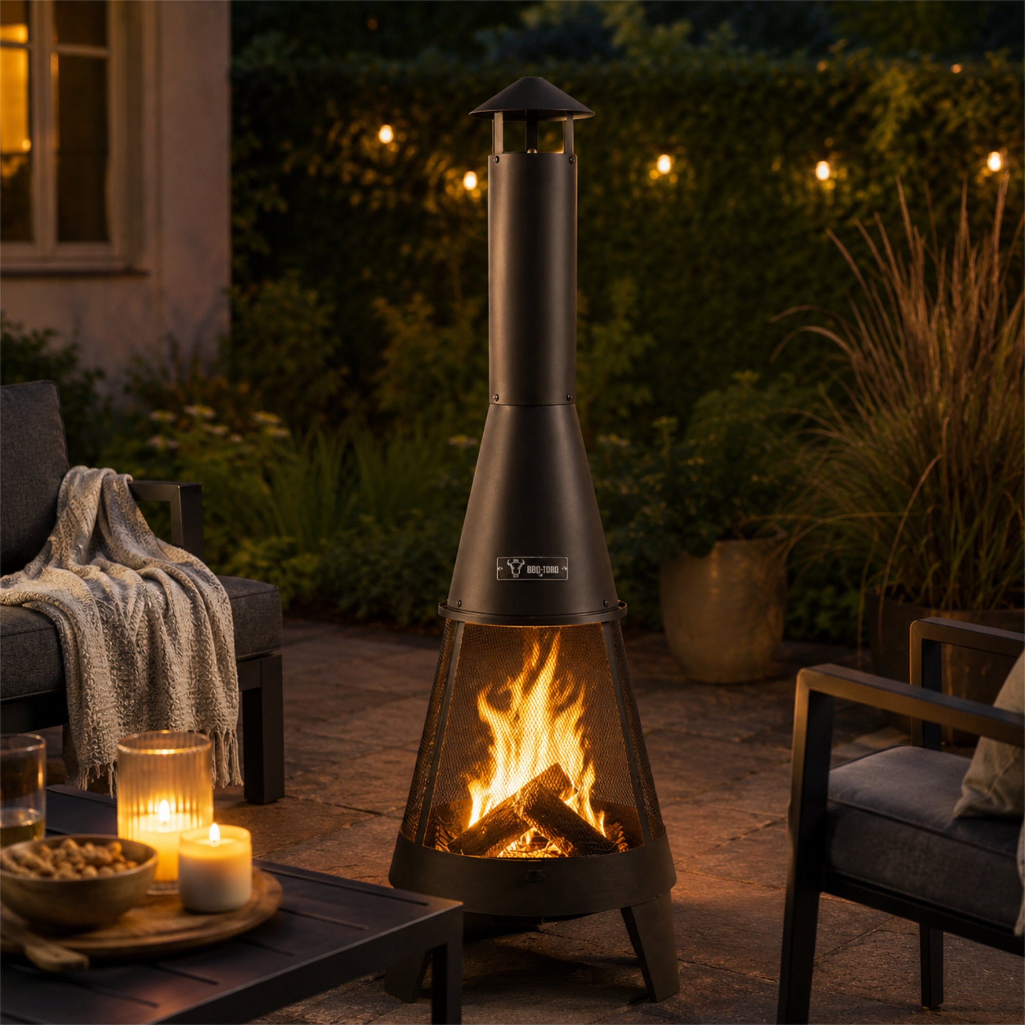 Terrassenofen mit Funkenschutz, Feuerrost und Schürhaken