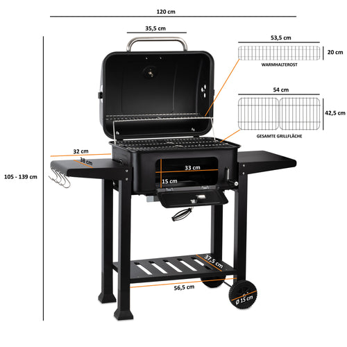 Holzkohle Grillwagen, höhenverstellbare Kohleschale, inkl. Thermometer