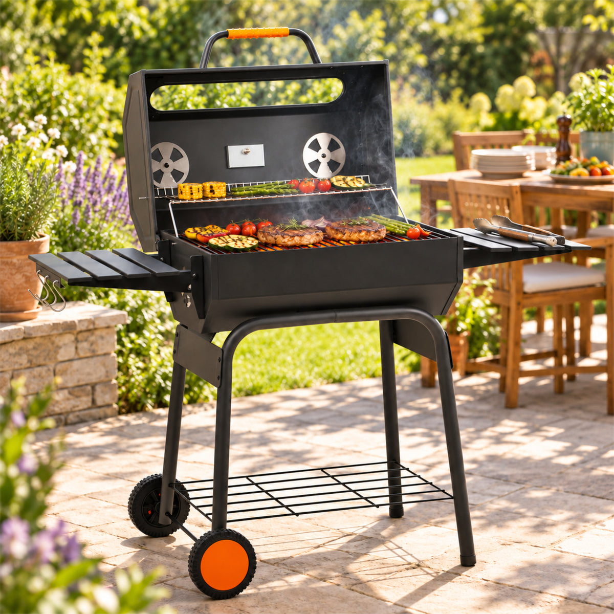 Holzkohle Grillwagen, 122 x 60 x 96 cm, mit Thermometer und Sichtfenster