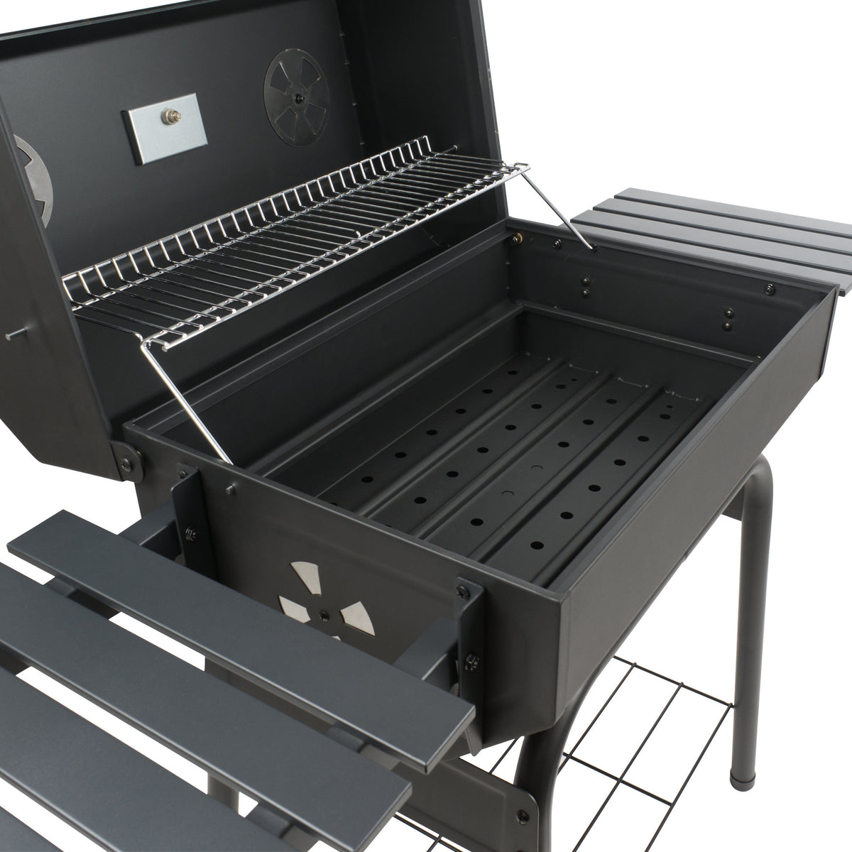 Holzkohle Grillwagen, 122 x 60 x 96 cm, mit Thermometer und Sichtfenster