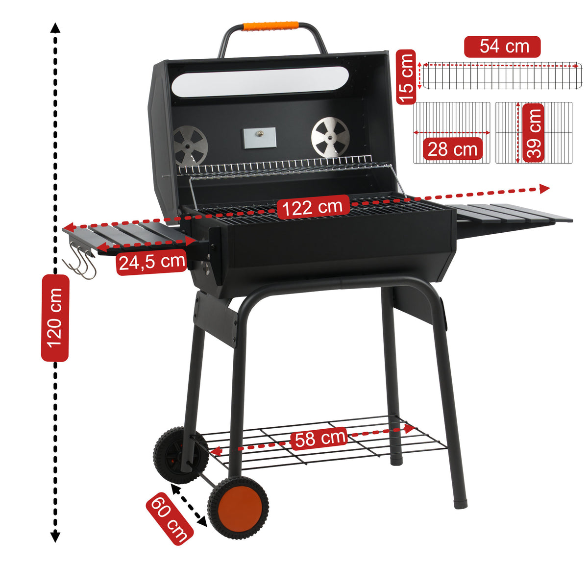 Holzkohle Grillwagen, 122 x 60 x 96 cm, mit Thermometer und Sichtfenster