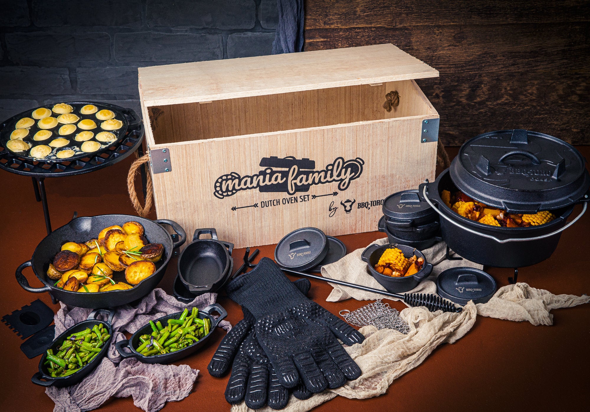 Dutch Oven, Set 19-teilig, inkl. Holzkiste