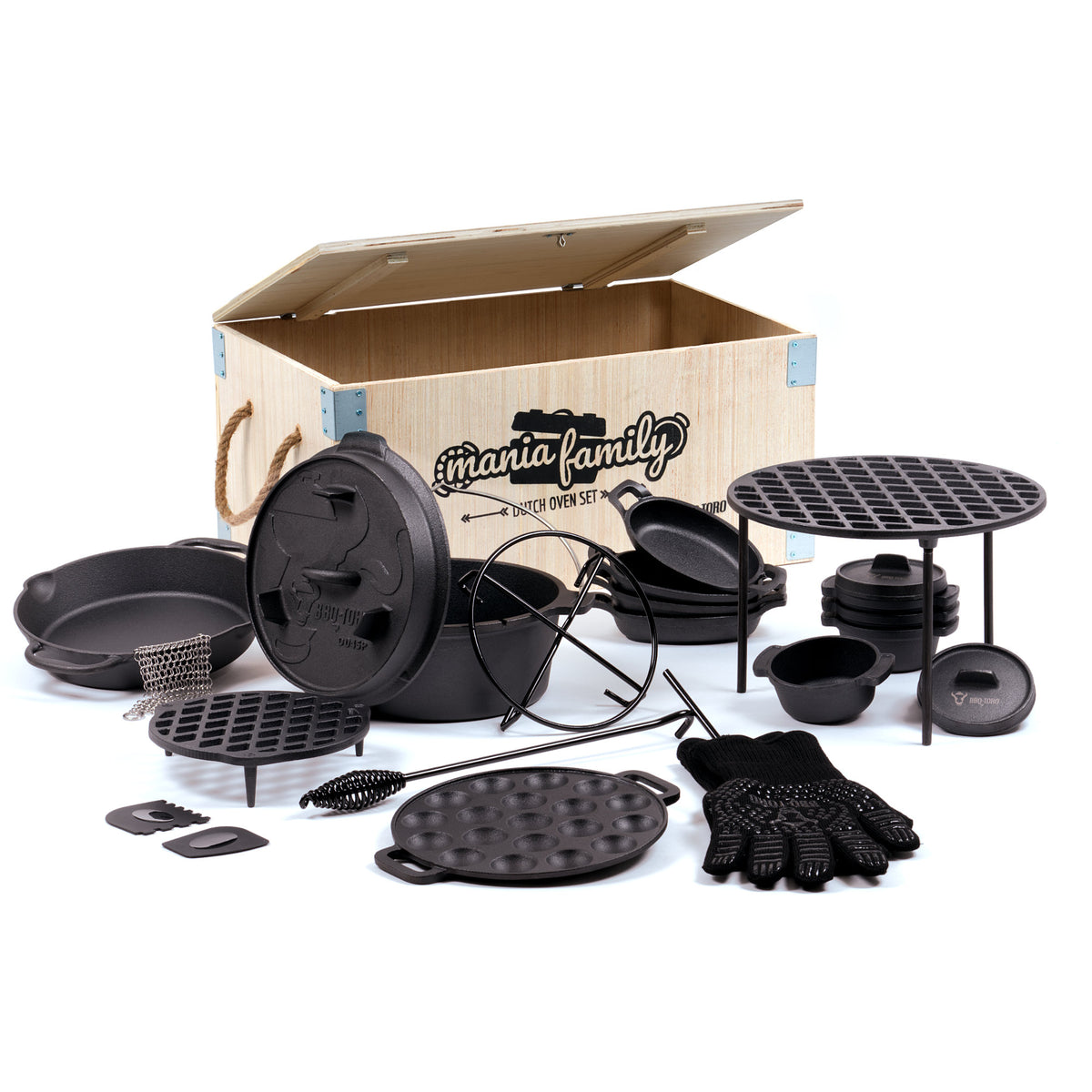 Dutch Oven, Set 19-teilig, inkl. Holzkiste – BBQ-Toro