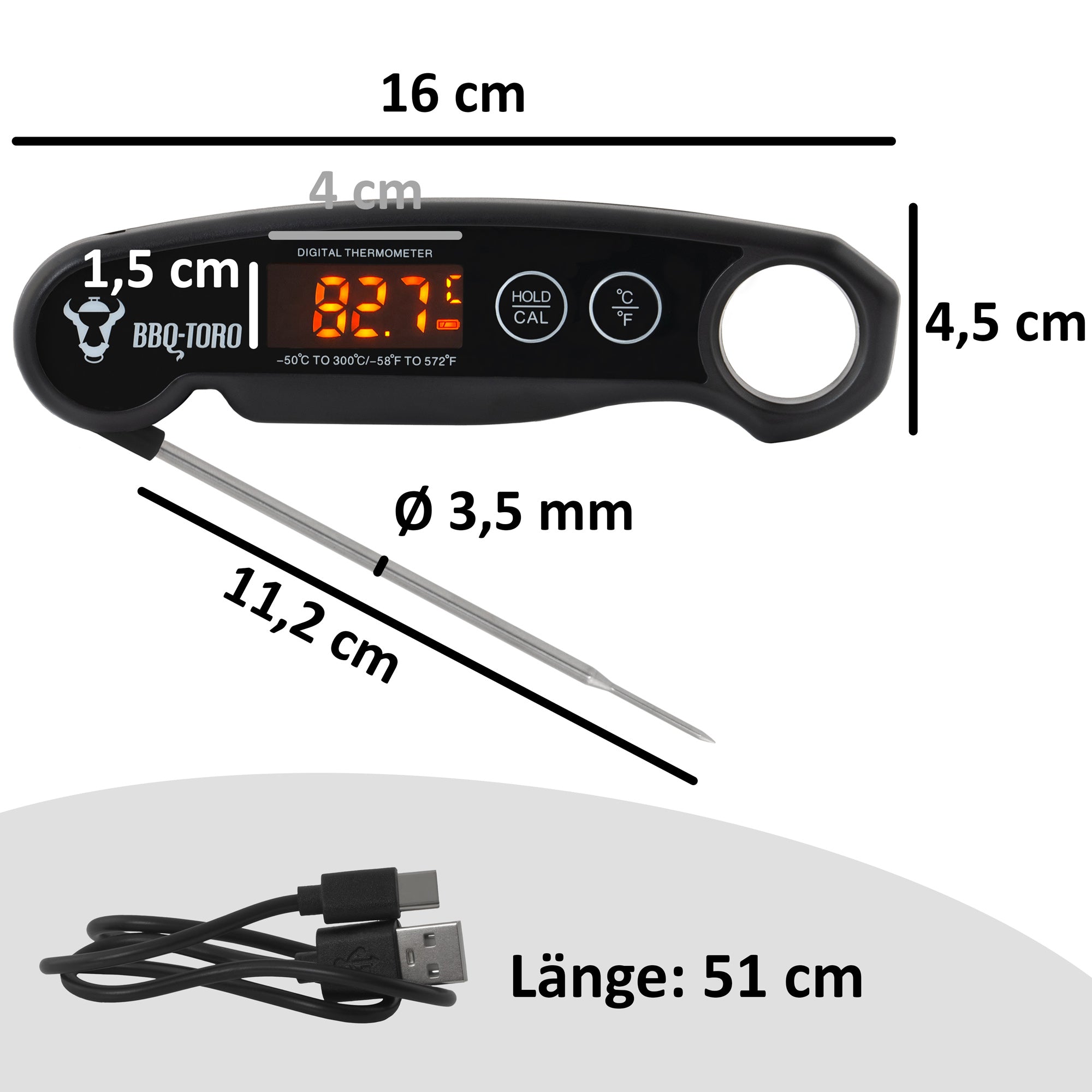 Rechargeable digital grill thermometer, -50°C to 300°C, including LCD display