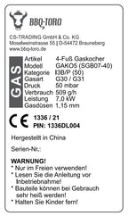 Gas cooker, cast iron, 1-ring gas burner, 40 x 40 x 15 cm, 7 kW