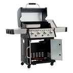 Barbecue à gaz en acier inoxydable, comprenant 4 brûleurs, 1 brûleur latéral et 1 brûleur infrarouge.
