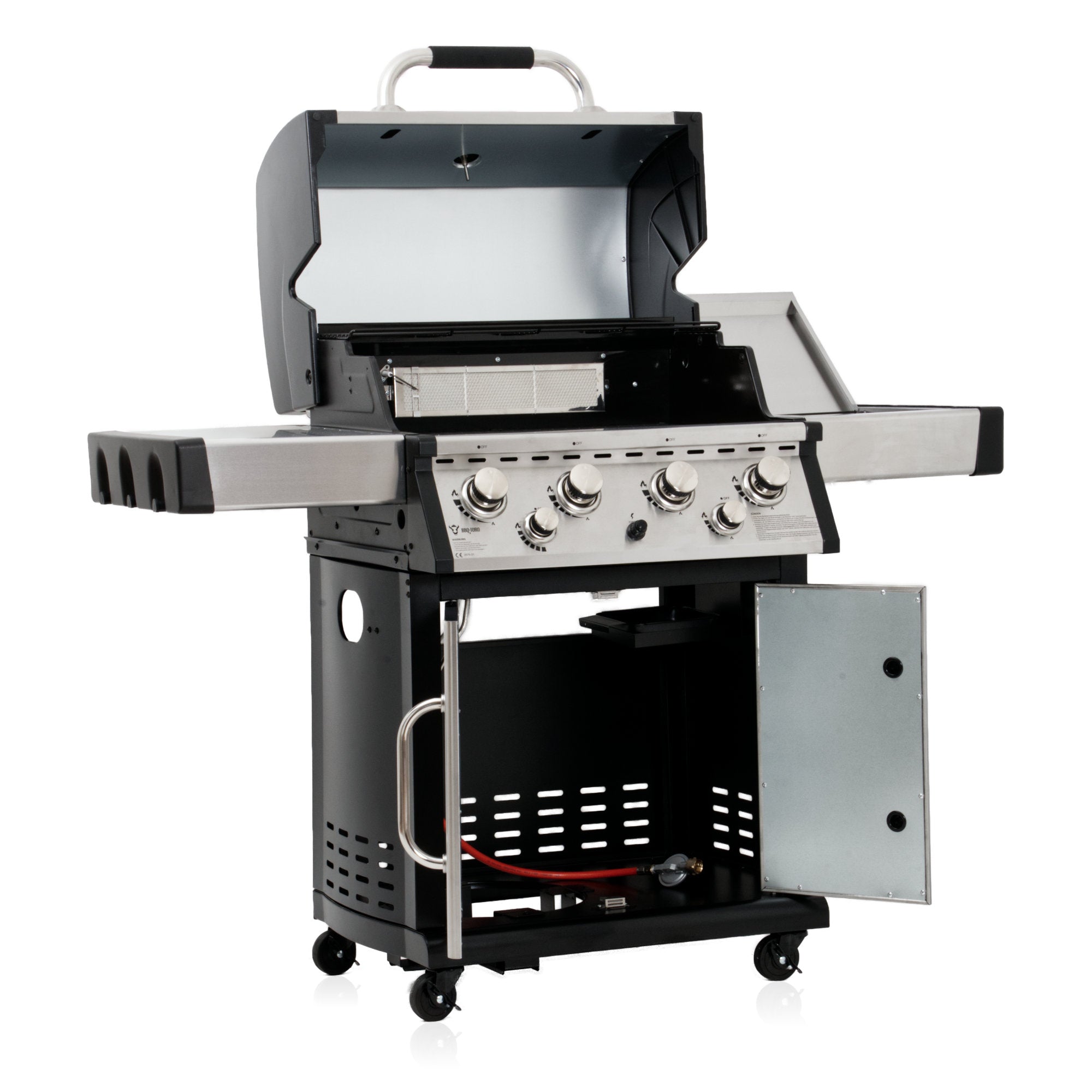 Barbecue à gaz en acier inoxydable, comprenant 4 brûleurs, 1 brûleur latéral et 1 brûleur infrarouge.