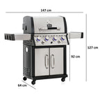 Barbecue à gaz en acier inoxydable, comprenant 4 brûleurs, 1 brûleur latéral et 1 brûleur infrarouge.