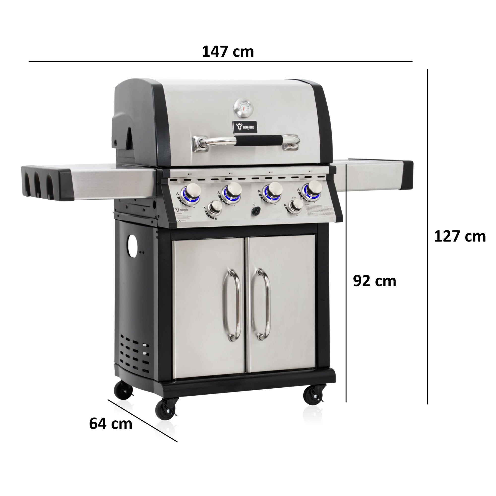Barbecue à gaz en acier inoxydable, comprenant 4 brûleurs, 1 brûleur latéral et 1 brûleur infrarouge.