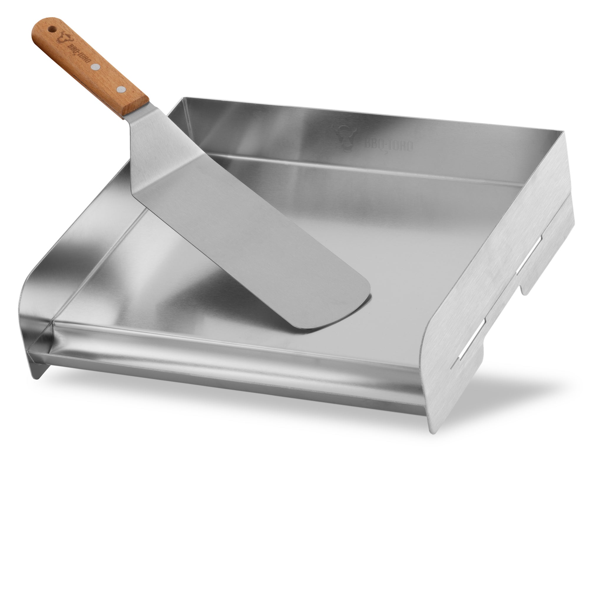 Plancha en acier inoxydable, comprenant spatule et rigole d'égouttage, plateau de cuisson