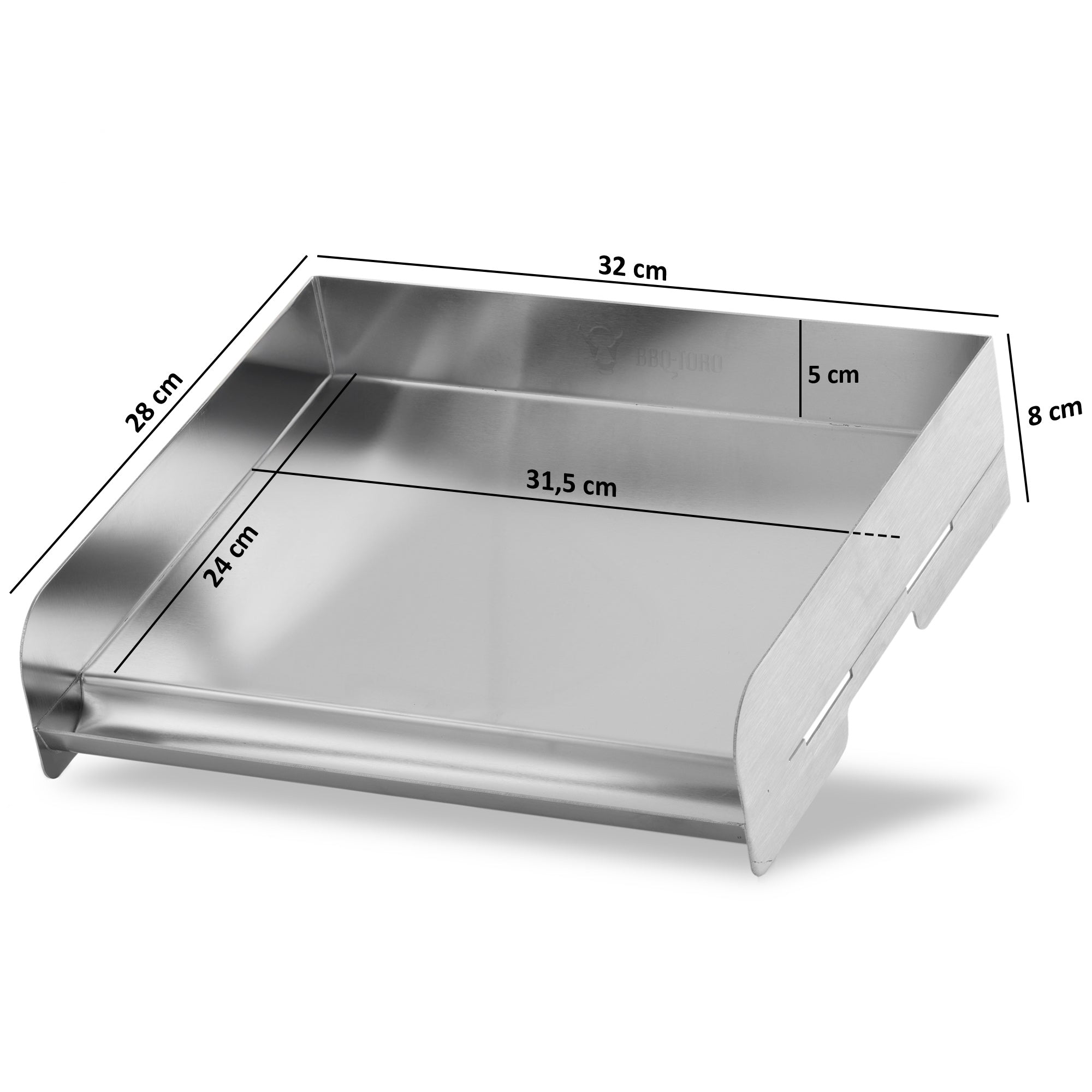 Plancha en acier inoxydable, comprenant spatule et rigole d'égouttage, plateau de cuisson