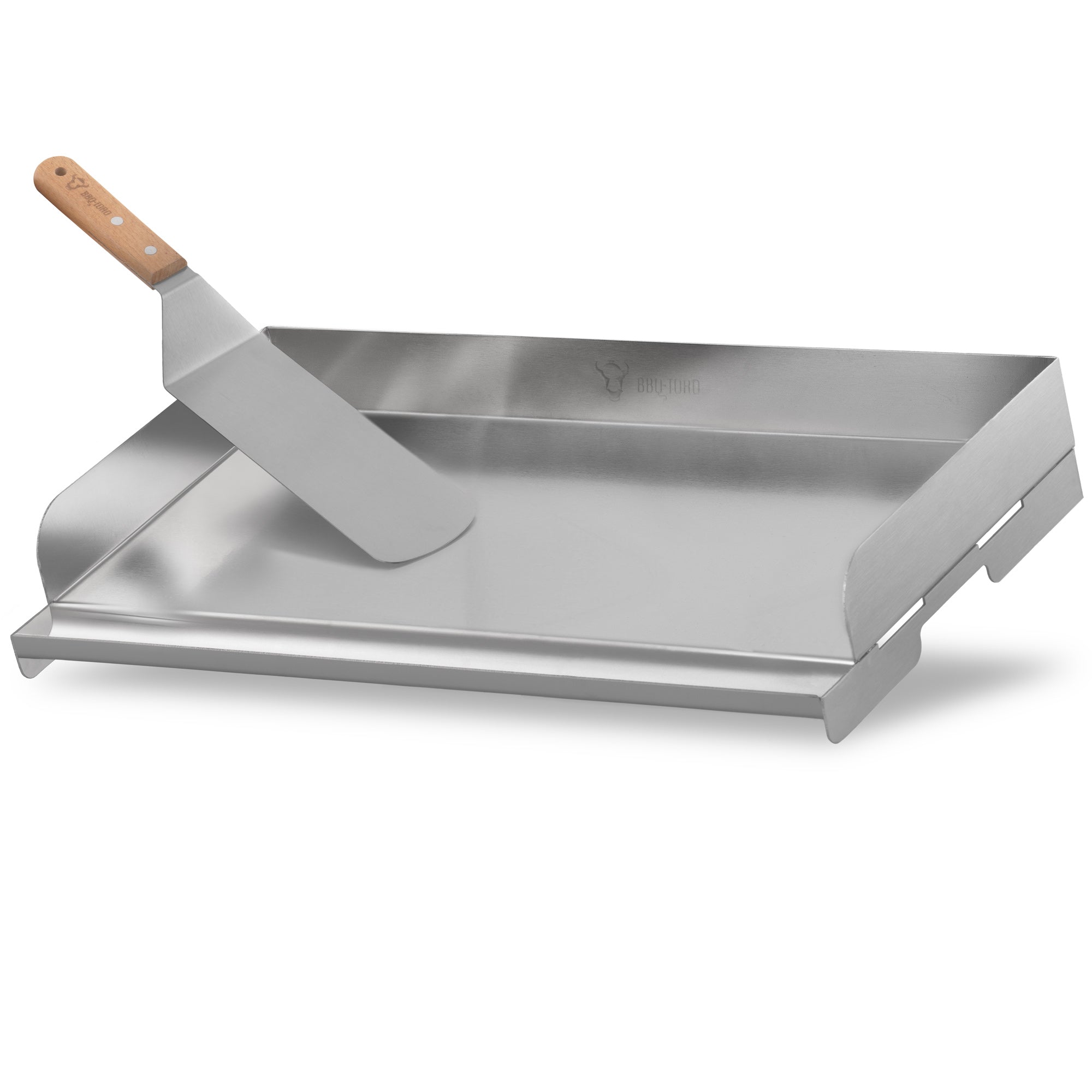 Plancha en acier inoxydable, comprenant spatule et rigole d'égouttage, plateau de cuisson