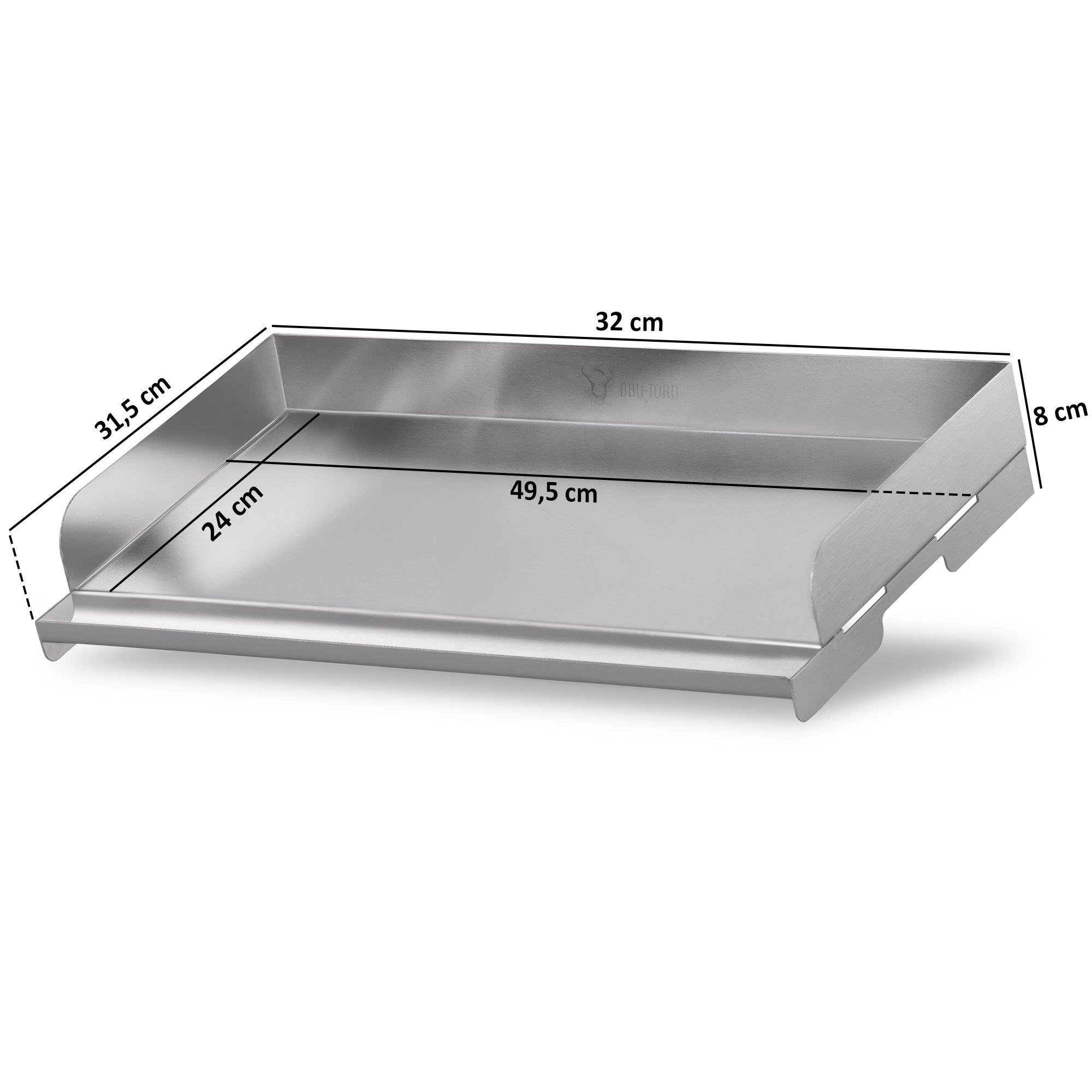 Plancha en acier inoxydable, comprenant spatule et rigole d'égouttage, plateau de cuisson