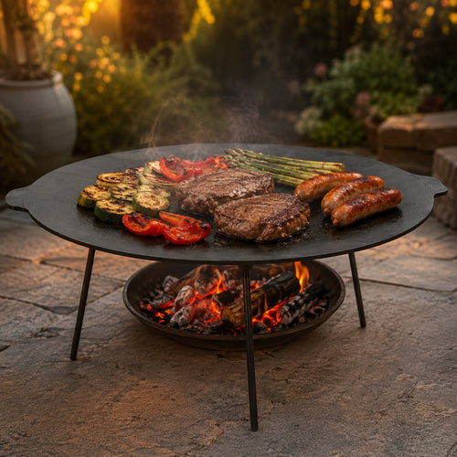 Grillplatte, Gusseisen, mit 3 Beinen, rund