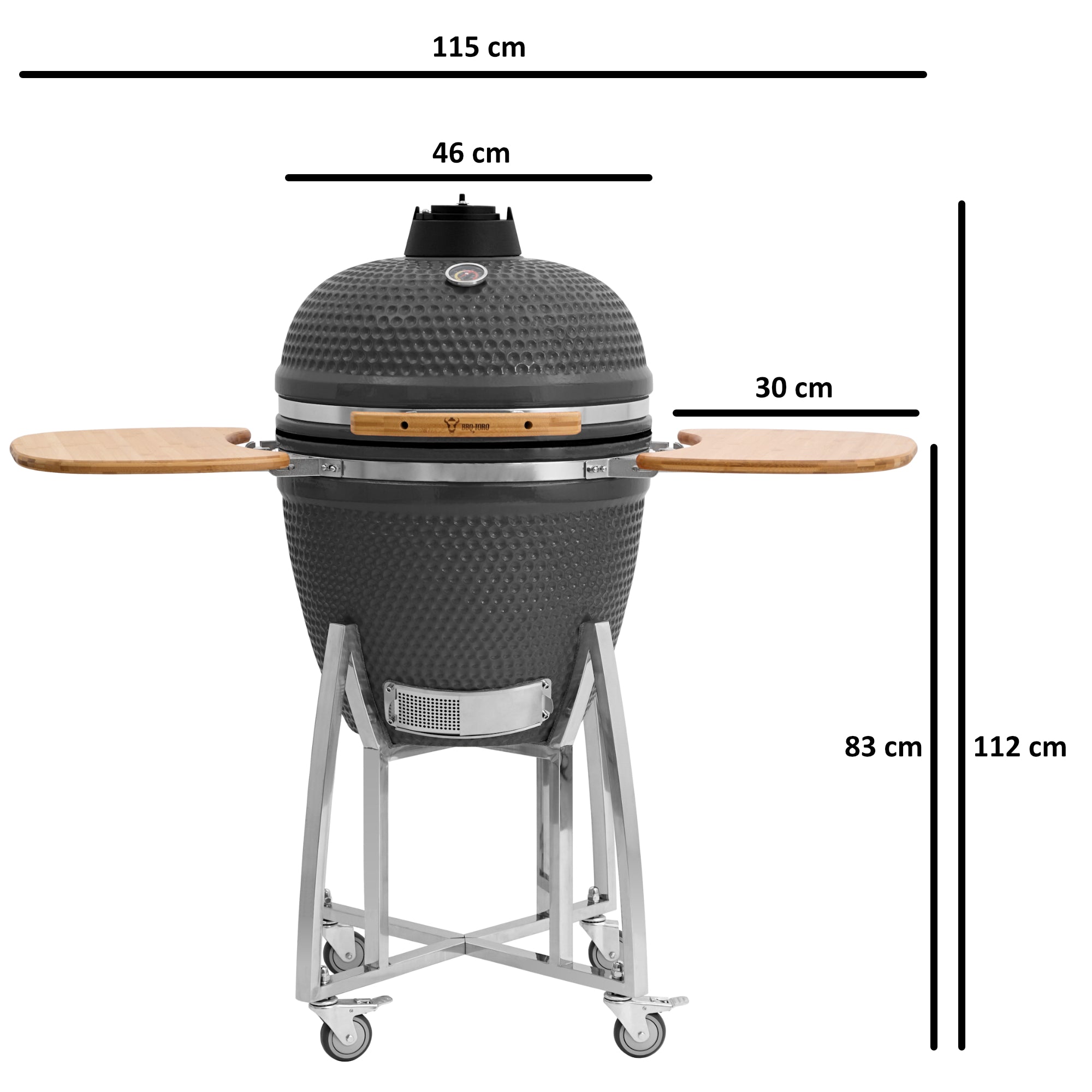 BBQ-Toro Kamado Grill Holzkohlegrill Ø 46 cm "KURO" mit Bambusablage, Thermometer, Grau
