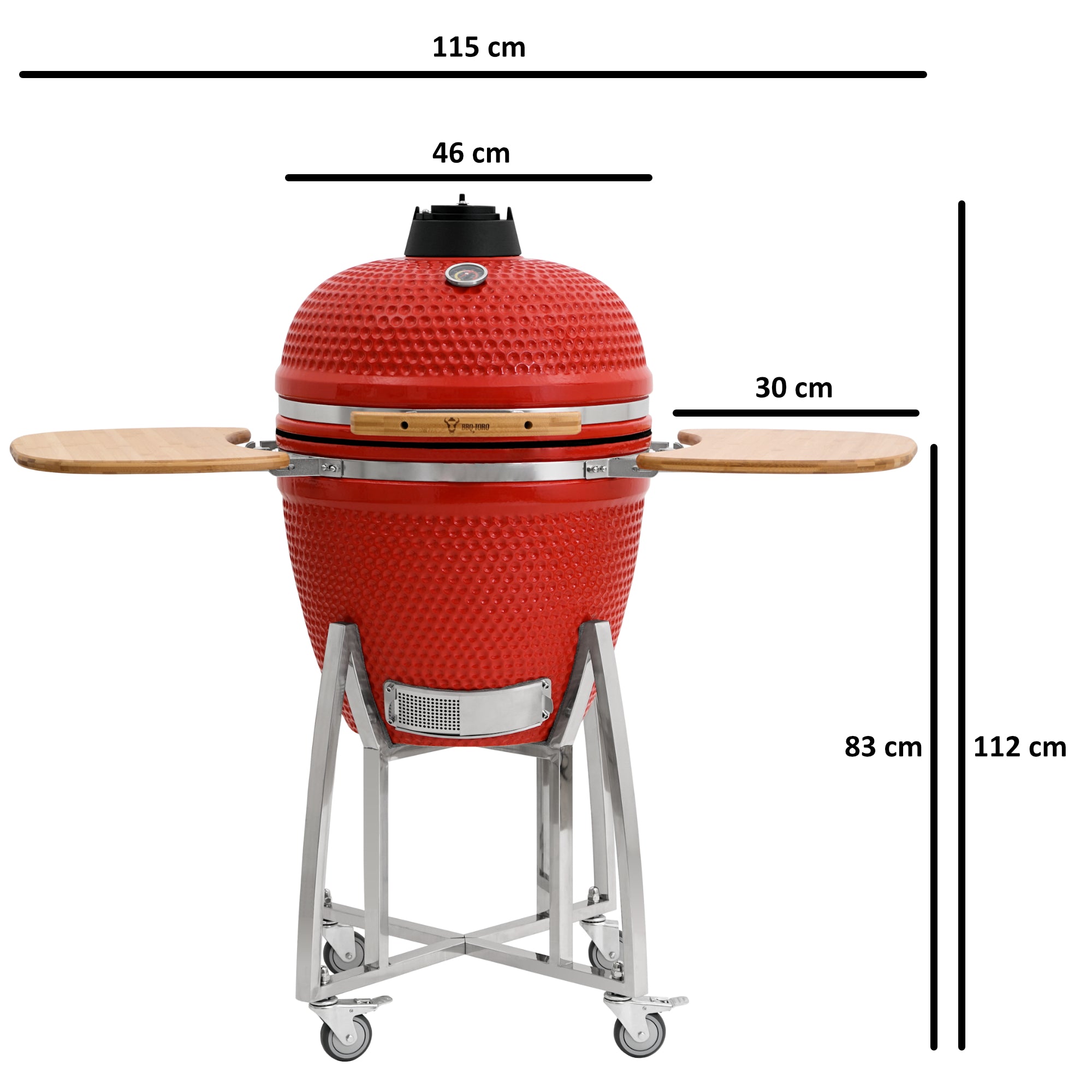 BBQ-Toro Kamado Grill Holzkohlegrill Ø 46 cm "KURO" mit Bambusablage, Thermometer, Grau