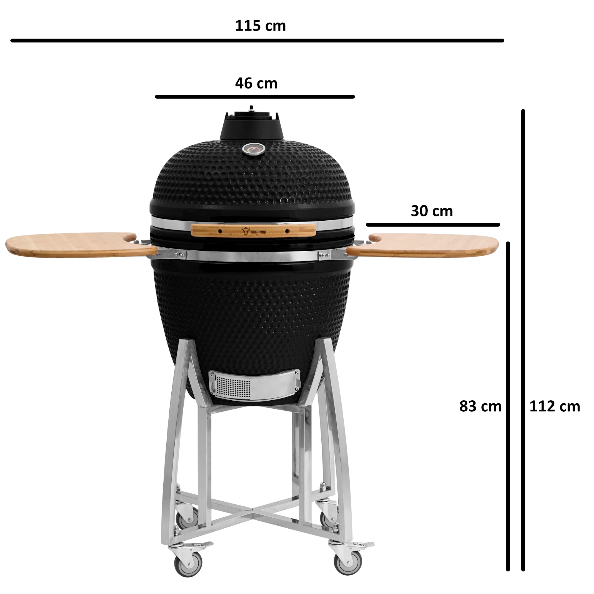 BBQ-Toro Kamado Grill Holzkohlegrill Ø 46 cm "KURO" mit Bambusablage, Thermometer, Grau