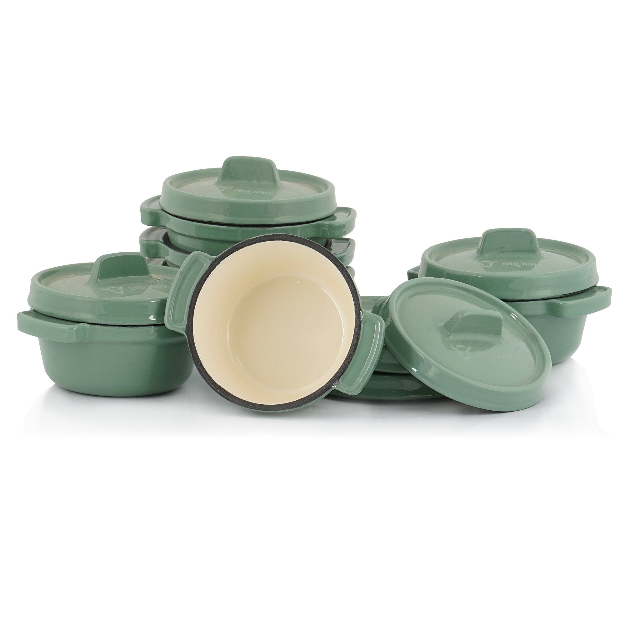 Cocotte, 6er Set, je 250 ml, Grün, Gusseisen, emailliert
